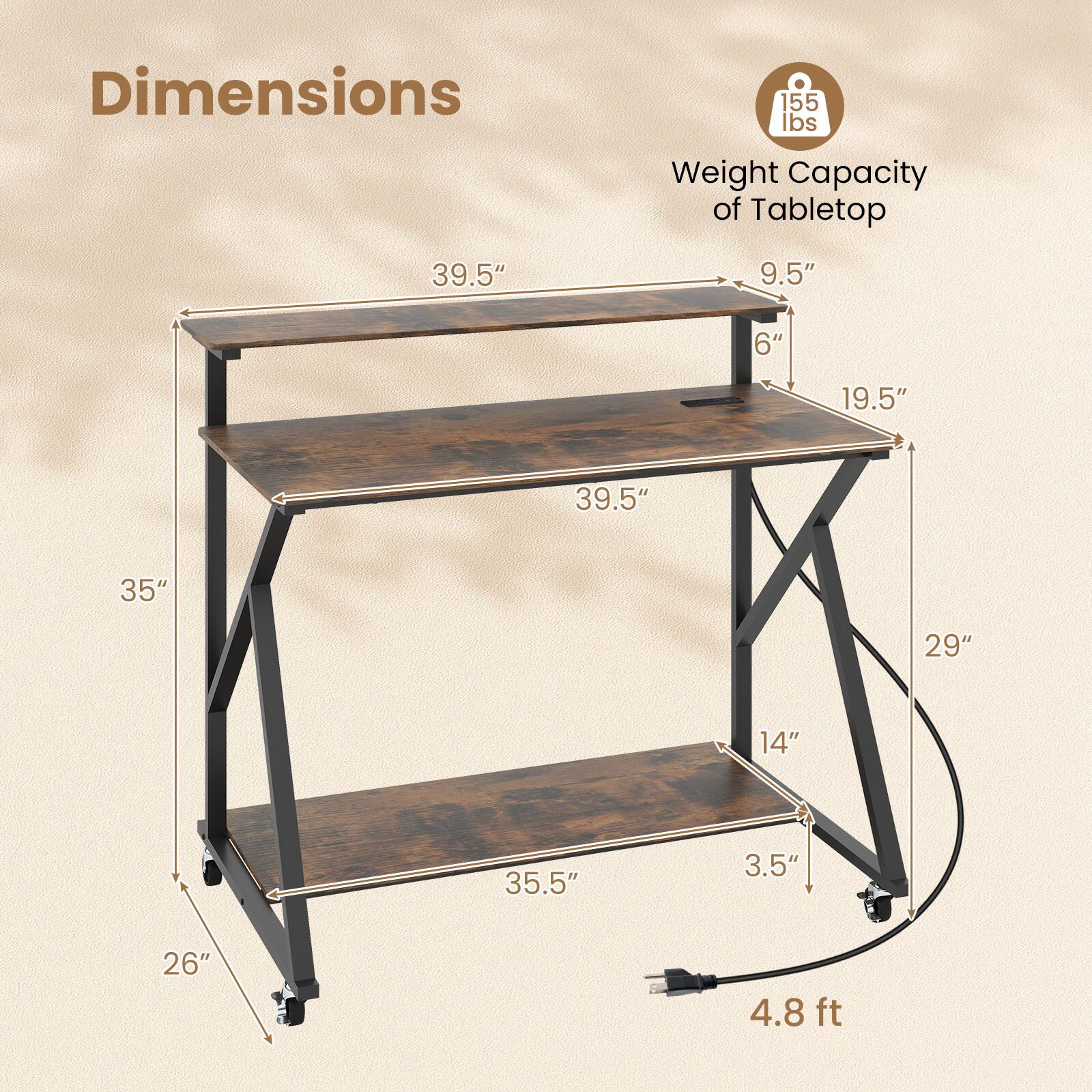 Dimensions: 39.5" x 19.5" x 35" x 29" x 35.5" x 14" x 3.5" x 26" x 4.8 ft  
Weight Capacity of Tabletop: 155 lbs