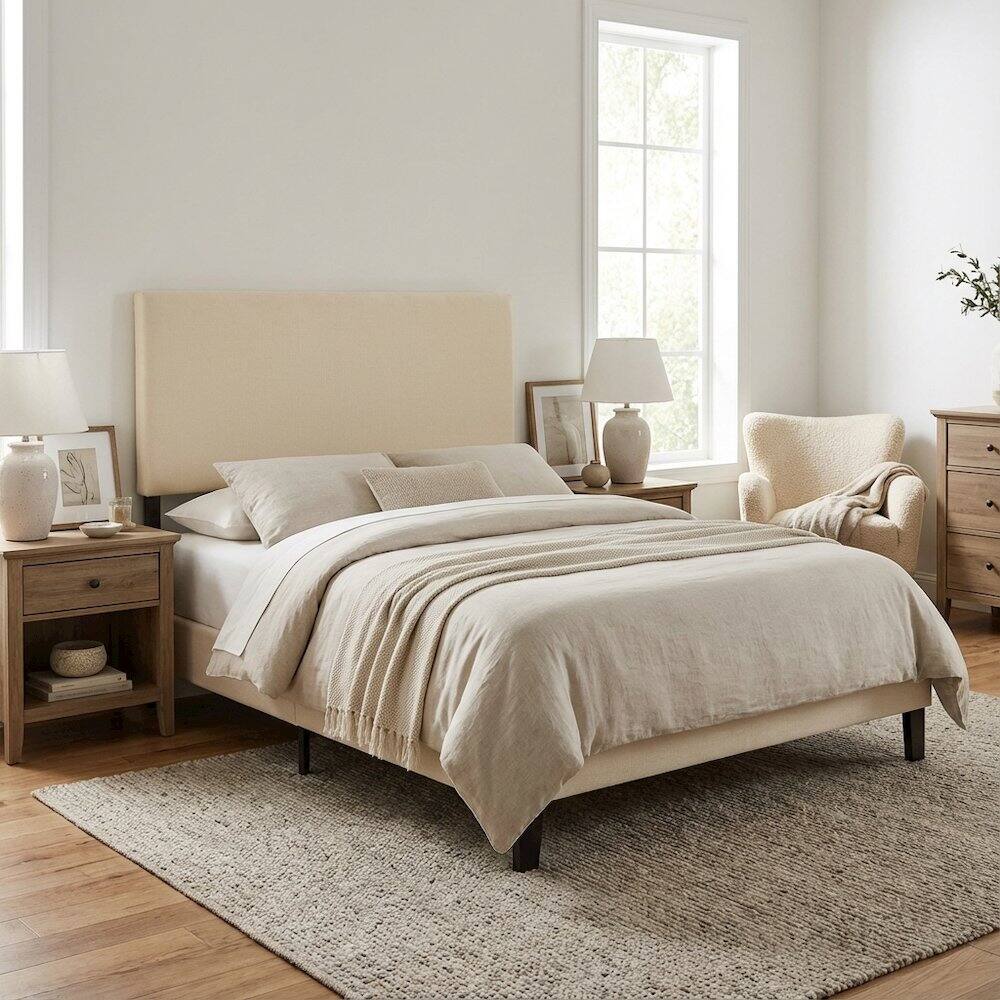 Left. FurniFact - Upholstered Fabric King Headboard with Padded Design and Durable Frame - Beige.