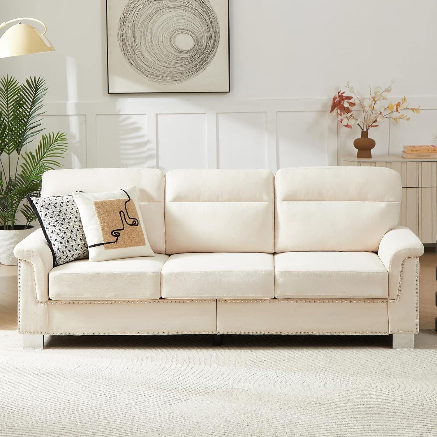 Trinkets Crazed - 82" Modern Compressed Snowfleece Fabric 3-Seater Sofa, for Living Room - beige