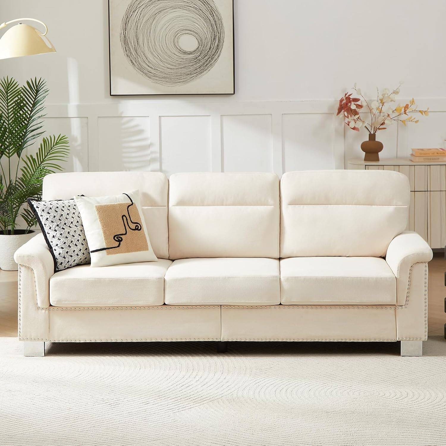 Front. Trinkets Crazed - 82" Modern Compressed Snowfleece Fabric 3-Seater Sofa, for Living Room - beige.
