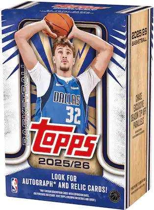Sure, here is the corrected and grouped text from the image:
---
**Topps 2025/26 Basketball**
**Chase Exclusive Season Tip Off Parallels**
**Look for Autograph* and Relic Cards!**
*May contain redemption cards with expiration dates. (No purchase necessary. Visit topps.com/npn for details and entry.)
**2025/26 Basketball**
**Dallas 32**
**NBA**
**7 Packs per Box**
**1 Chase Exclusive Parallel per Box**
**1 Autograph or Relic Card per Box**
---
This text is organized to reflect the information on the box, including the product name, features, and promotional details.