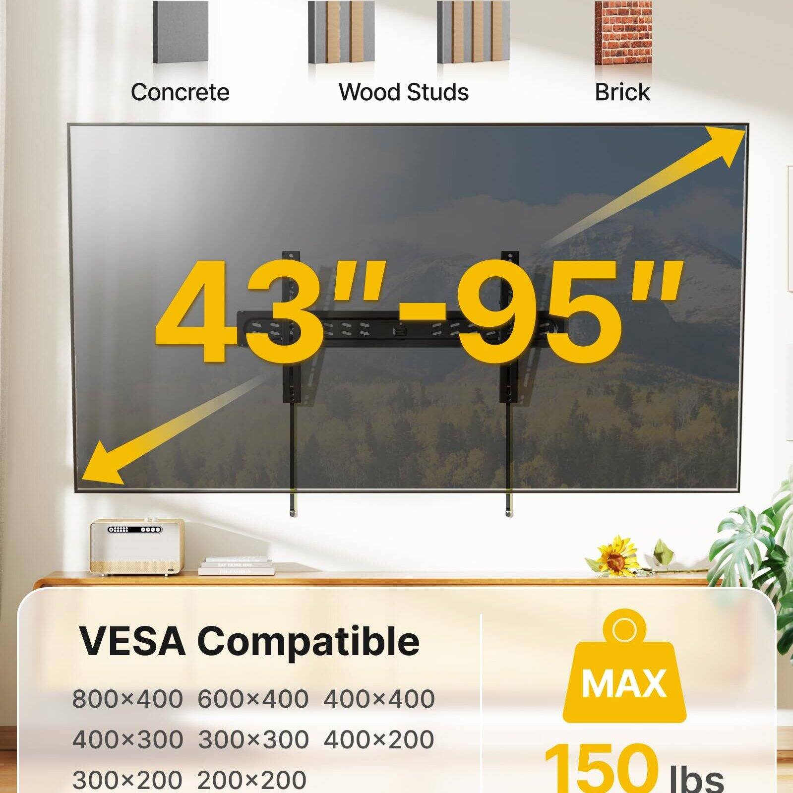 Concrete Wood Studs Brick 43"-95" 1 **** VESA Compatible 800x400 600x400 400x400 400x300 300x300 400x200 300x200 200x200 MAX 150 lbs