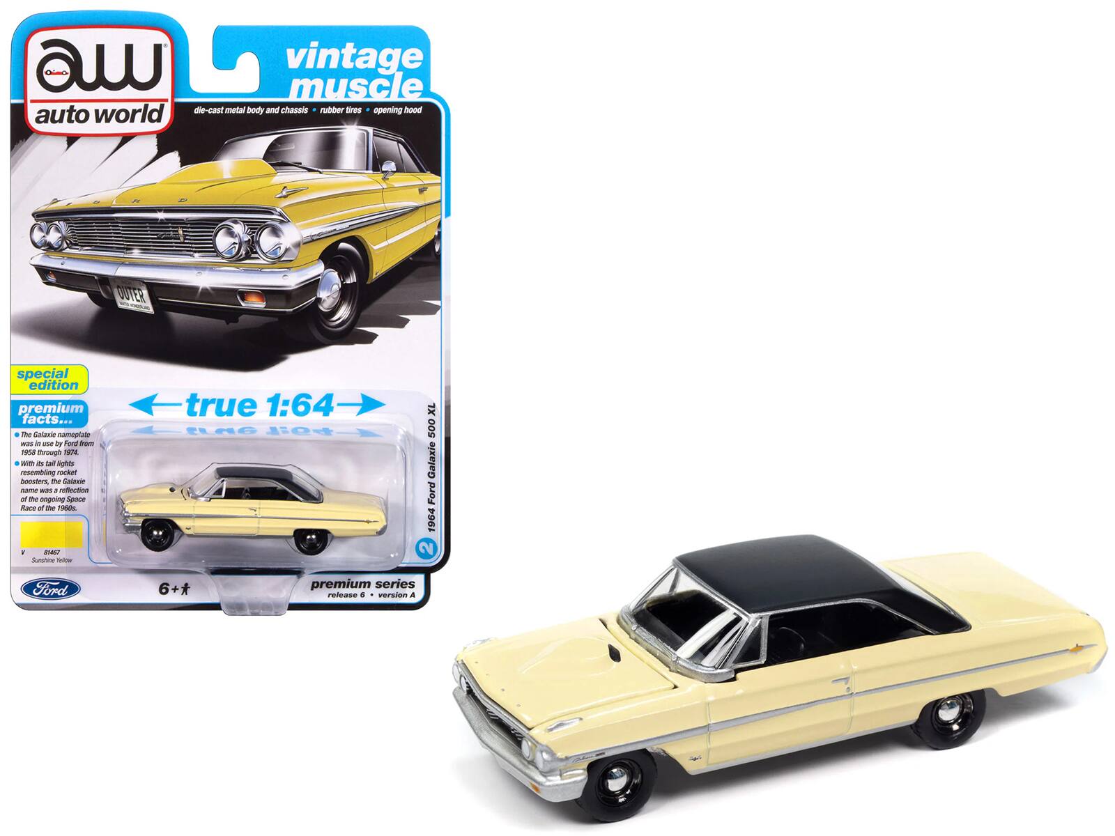Autoworld - 1964 Ford Galaxie 500 XL Sunshine Yellow with Black Top "Vintage Muscle" Series 1/64 Diecast Model Car by Auto World - Yellow and  Black