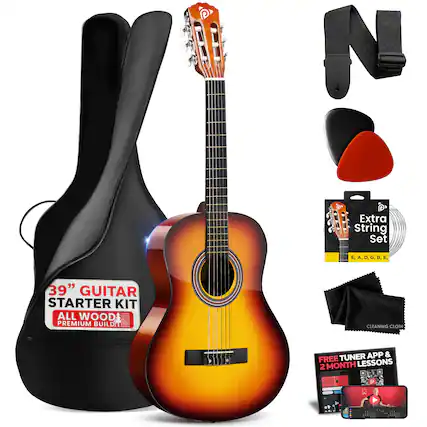 1E NO P Extra String Set E, A, D, G, B, E. 39" GUITAR STARTER KIT ALL WOOD PREMIUM BUILD CLEANING CLOTH TUNER APP & FREE LESSONS 2 MONTH P A