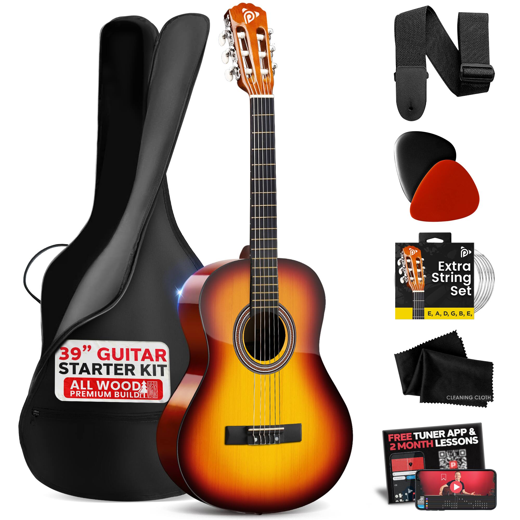 1E NO P Extra String Set E, A, D, G, B, E. 39" GUITAR STARTER KIT ALL WOOD PREMIUM BUILD CLEANING CLOTH TUNER APP & FREE LESSONS 2 MONTH P A