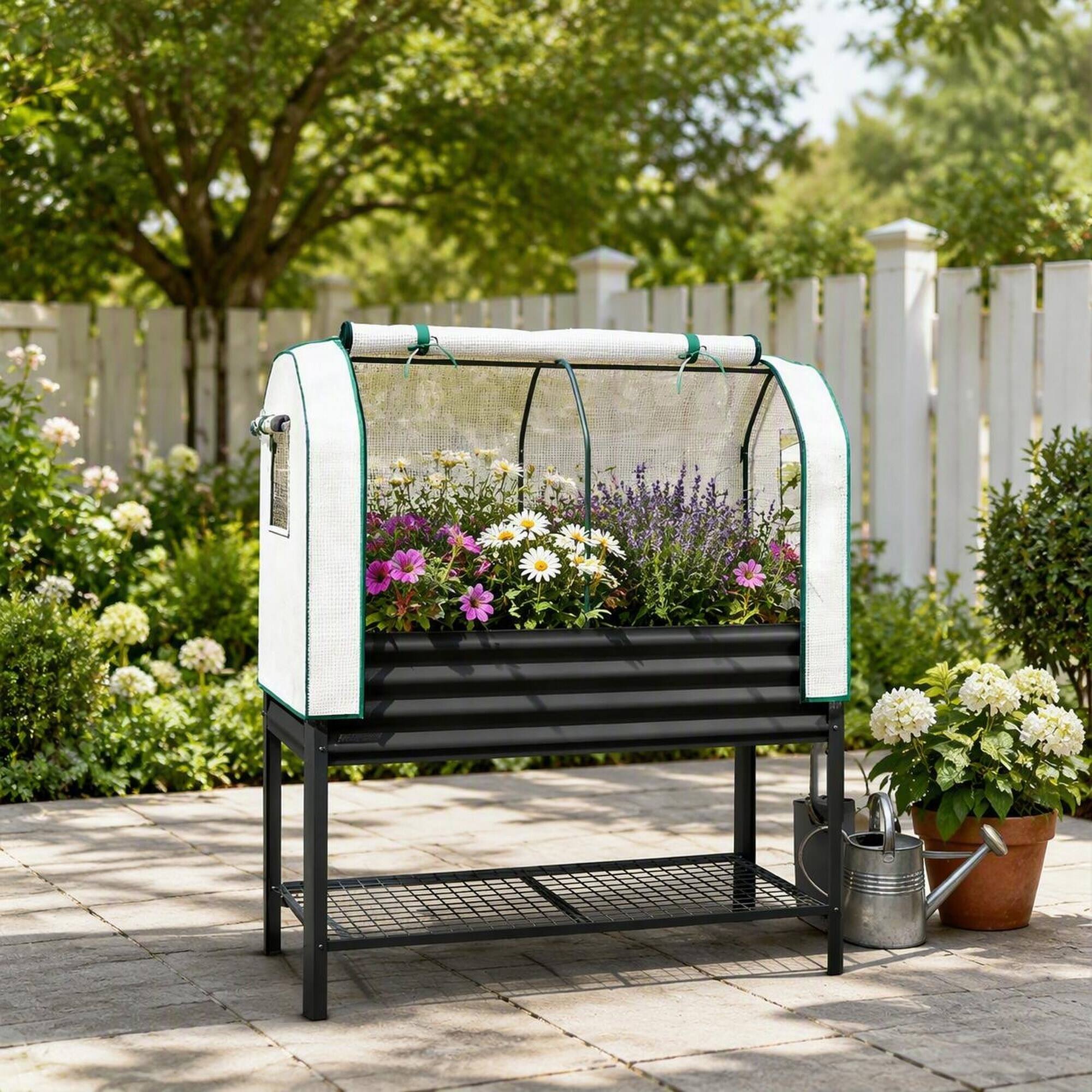 Back. RYHNUYNE - Raised Garden Bed with Legs and PE Greenhouse Cover, Elevated Planter Box with Mesh Shelf, 47.2 Inch Black Metal - Black.