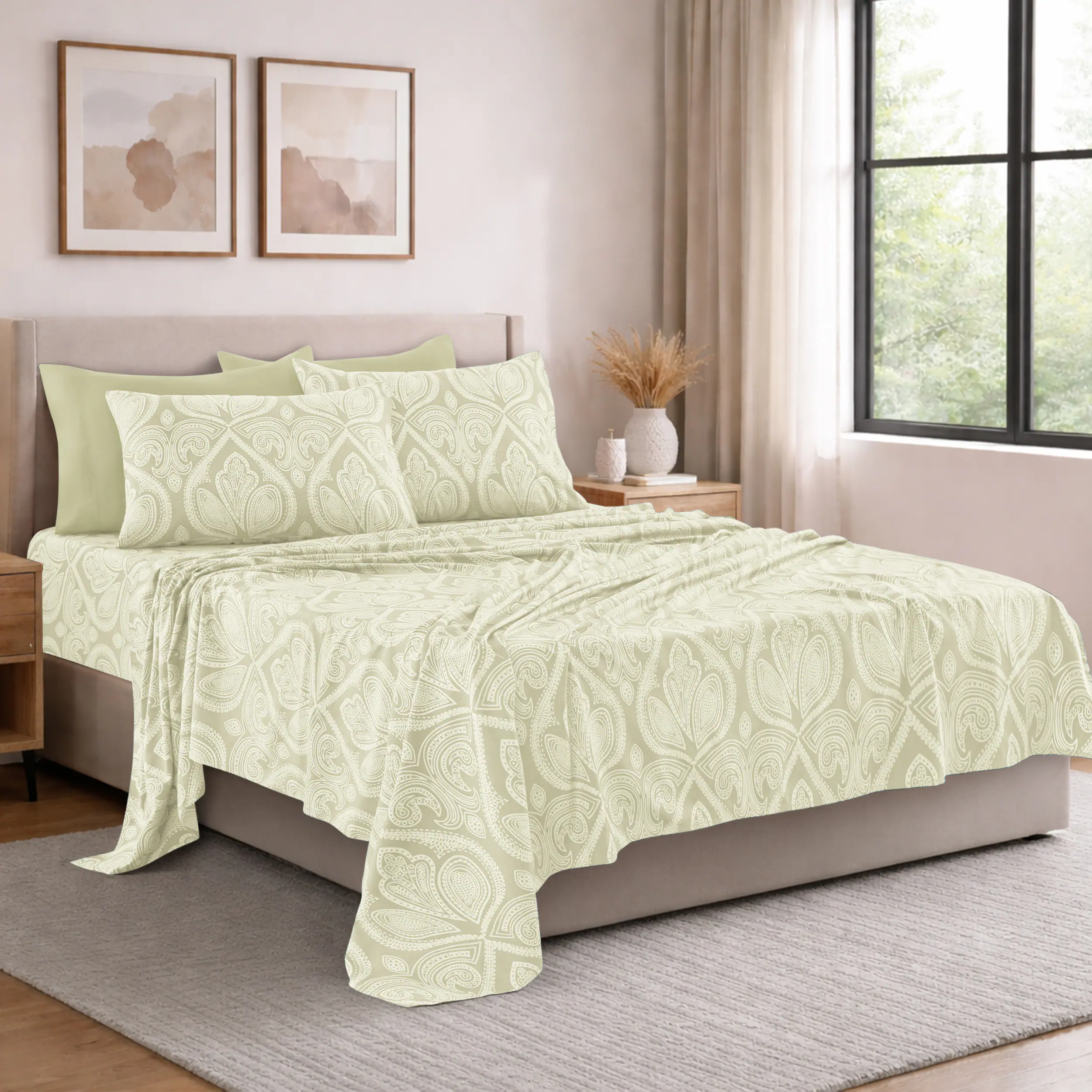 Angle. Lux Decor Collection - Lux Decor Collection 6-Piece Queen Sheet Set, Paisley Design Brushed Microfiber Deep Pocket Sheets - Ivory.