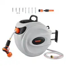 Front. VEVOR - Retractable Hose Reel, 115 ft x 1/2 inch, 180° Swivel Bracket Wall-Mounted, Garden Water Hose Reel with 9-Pattern Nozzle - Grey.