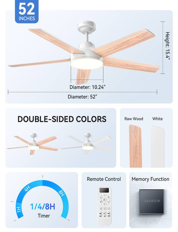 52 INCHES  
Height: 15.4"  
Diameter: 10.24"  
Diameter: 52"  
DOUBLE-SIDED COLORS  
Raw Wood White  
4H 8H 1/4/8H 1H Timer  
Remote Control  
Memory Function  
AKOFUN
