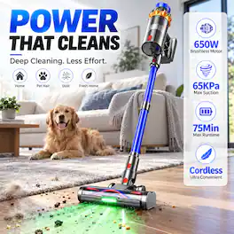 JELLYPIG - Cordless Stick Vacuum Cleaner 65KPA 650W Brushless Motor, 75Min, 3 Modes, for Pet Hair Carpet - Blue