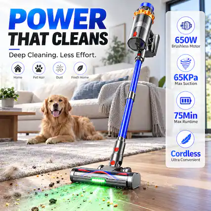 POWER THAT CLEANS
Deep Cleaning. Less Effort.
650W Brushless Motor
Home
Pet Hair
Dust
Fresh Home
65KPa Max Suction
75Min Max Runtime
Cordless Ultra Convenient