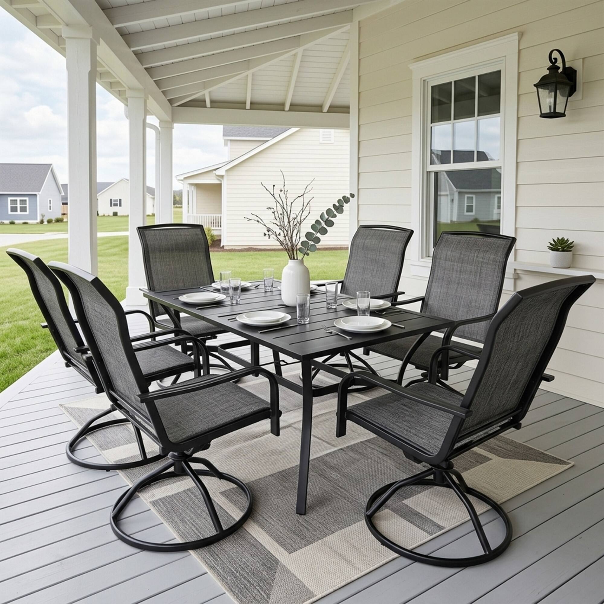 Back. Yardgrace - 7 Pieces Outdoor Patio Dining Set,with 6-Piece  Swivel Patio Rocking Chairs,1 dining table with an umbrella hole - Grey.
