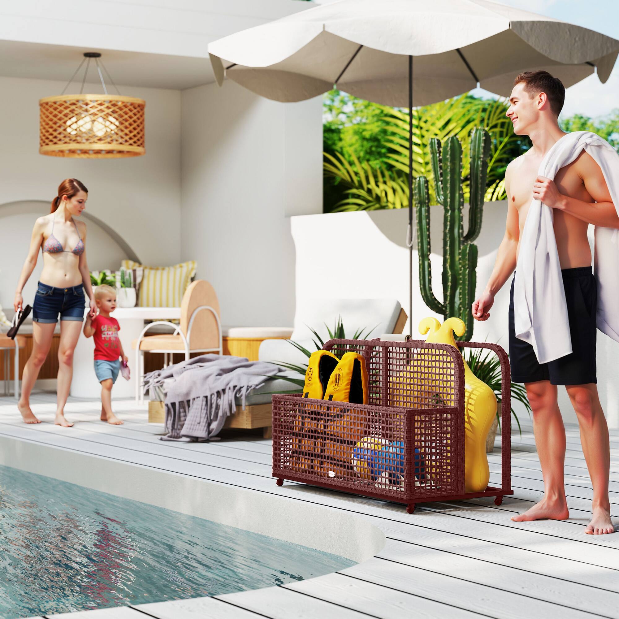 Alt View 1. Outsunny - Wicker Pool Float Storage Organizer, PE Rattan Outdoor Pool Float Holder with Rolling Wheels for Noodles, Life Vests - Mixed Brown.