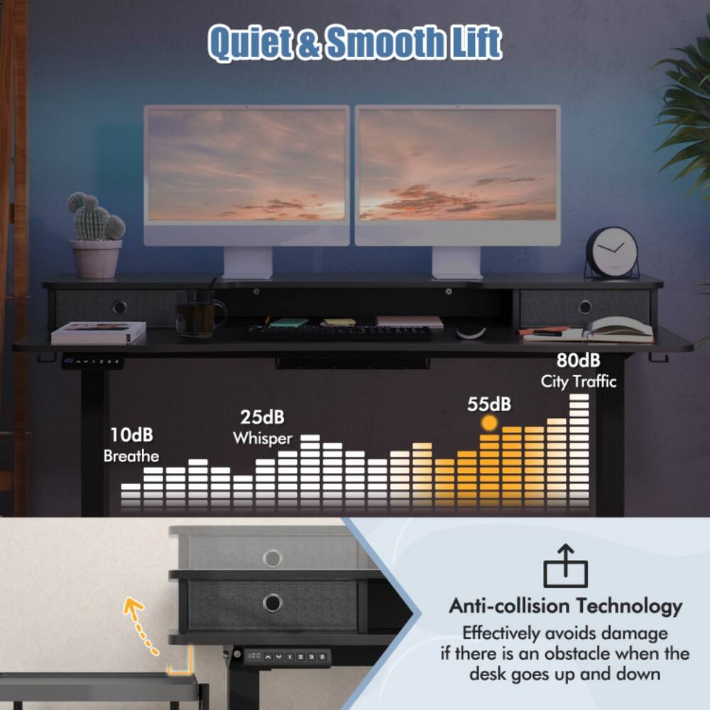 Quiet & Smooth Lift

10dB Breathe  
25dB Whisper  
55dB  
80dB City Traffic

Anti-collision Technology  
Effectively avoids damage if there is an obstacle when the desk goes up and down