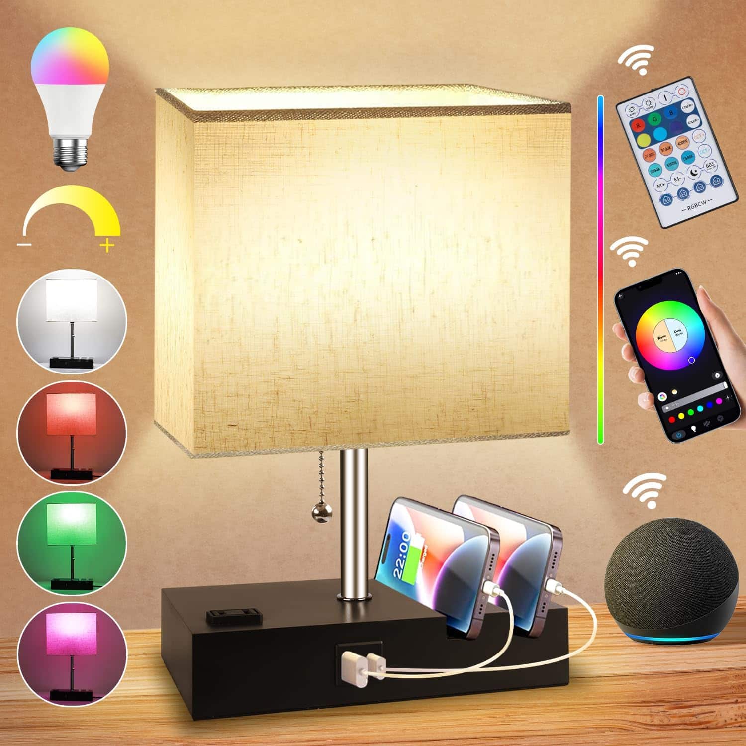The Best Inks - white Table Lamp Desk Lamp Smart Dimmable USB Work with Alexa Remote Control Bedside Charging Ports Outlet - Beige