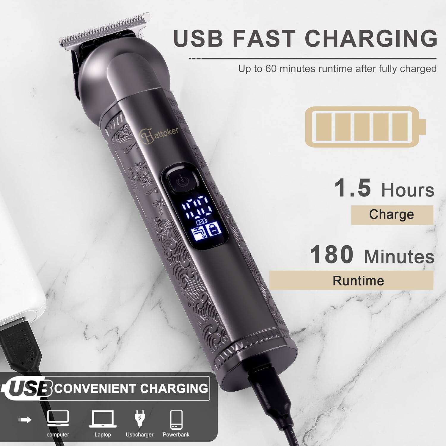 USB FAST CHARGING  
Up to 60 minutes runtime after fully charged  

1.5 Hours Charge  
180 Minutes Runtime  

USB CONVENIENT CHARGING  
computer  
Laptop  
Usbcharger  
Powerbank