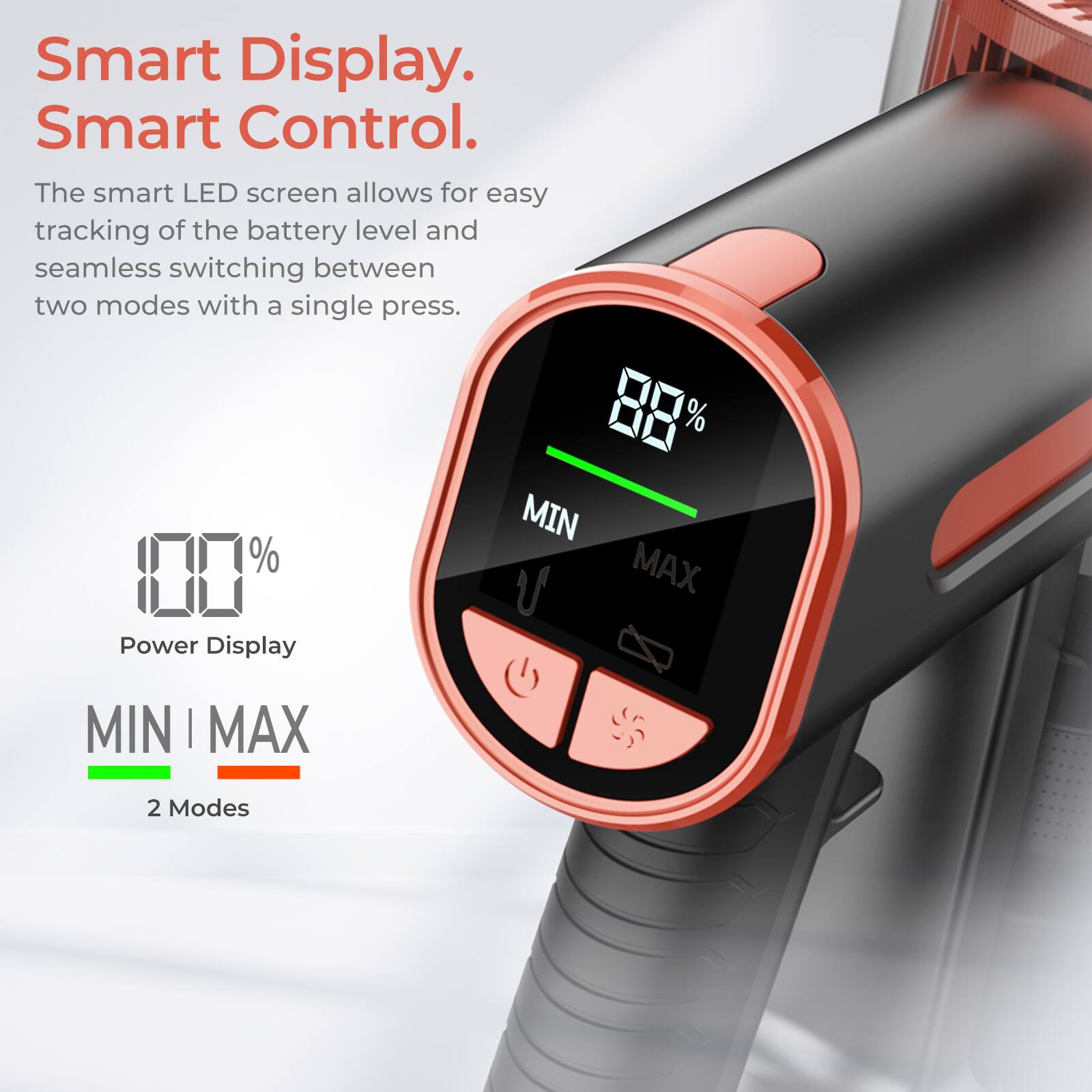 The image features a smart device with a smart LED screen that allows for easy tracking of the battery level and seamless switching between two modes with a single press. The device has a power display that shows the battery level as 88%, with a minimum and maximum level of 100% and 2 modes.