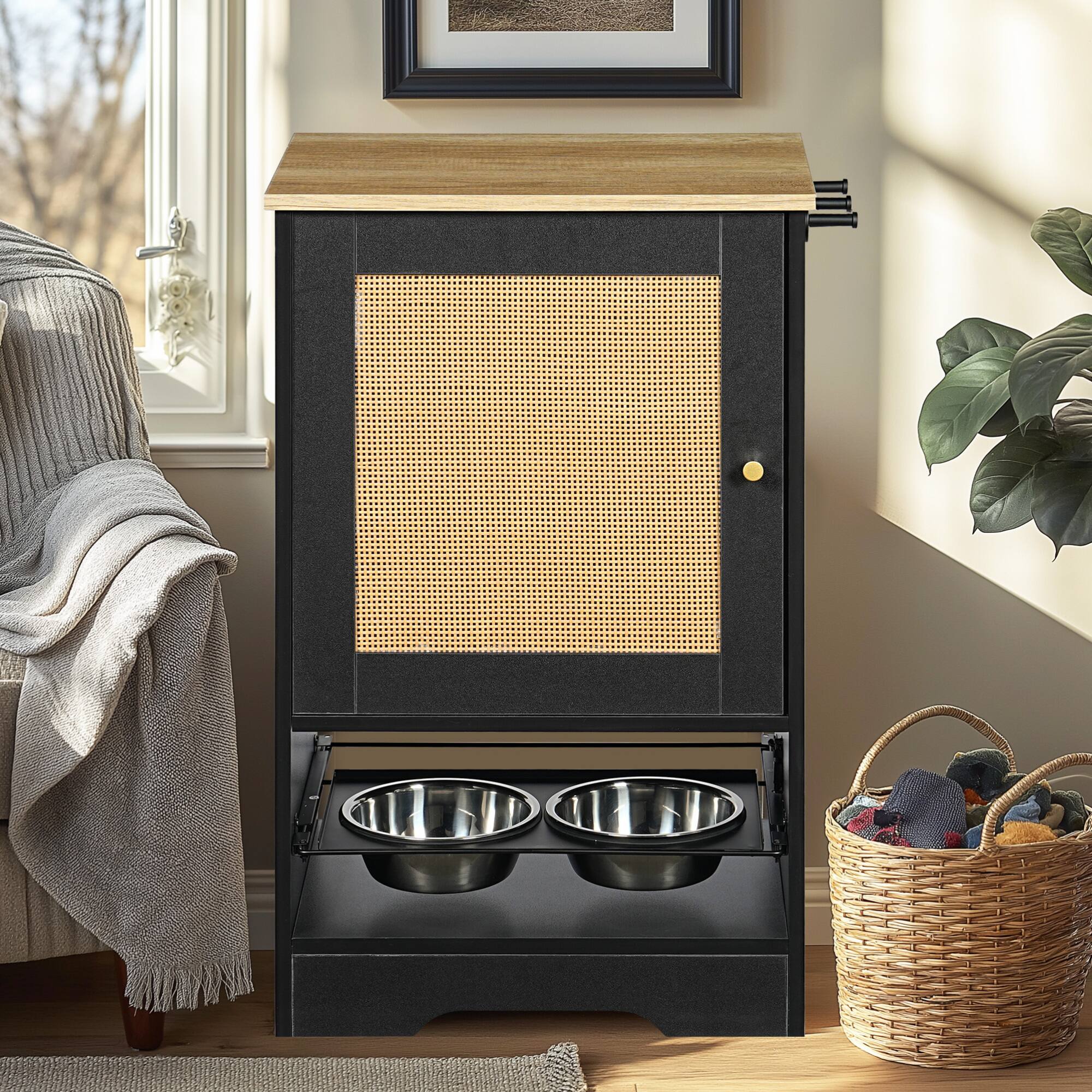 Back. ELEMENT ACE - Elevated Pet Feeding Station with Pull-Out Storage Cabinet and Stainless Steel Bowls for Organized Pet Care - Black+Vintage.