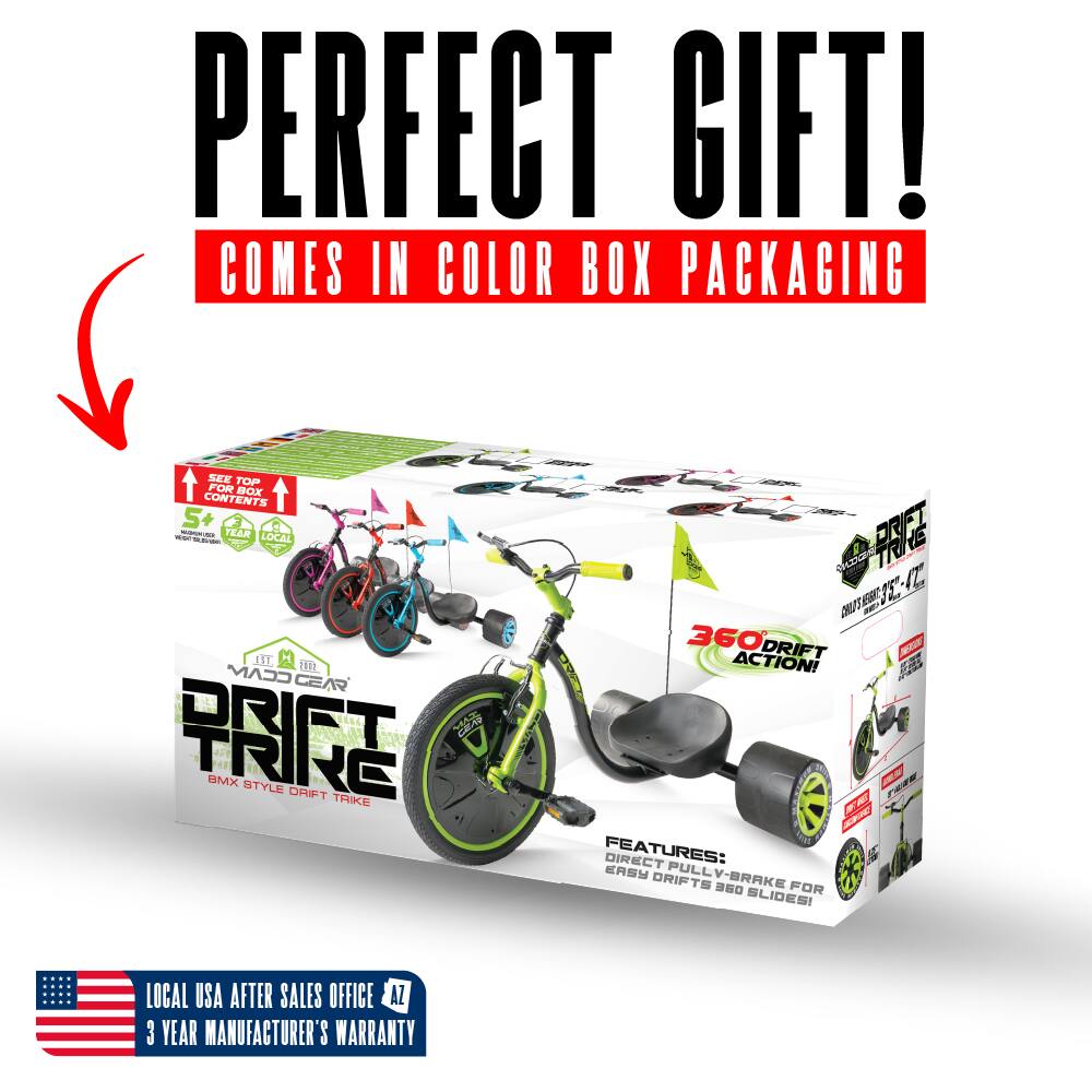 PERFECT GIFT!  
COMES IN COLOR BOX PACKAGING  
SEE TOP FOR BOX CONTENTS  

5+ - TEAR LOCAL - - E UT M 141z CCAM CEAR  
MMX STYLE DAFFT TRIKE  
22 f IT E E LT - 360 DRIFT ACTION!  

FEATURES:  
DIRECT PULL BRAKE DRIFTS 9SO FOR SLIDES!  

LOCAL USA AFTER SALES OFFICE AZ  
3 YEAR MANUFACTURER'S WARRANTY