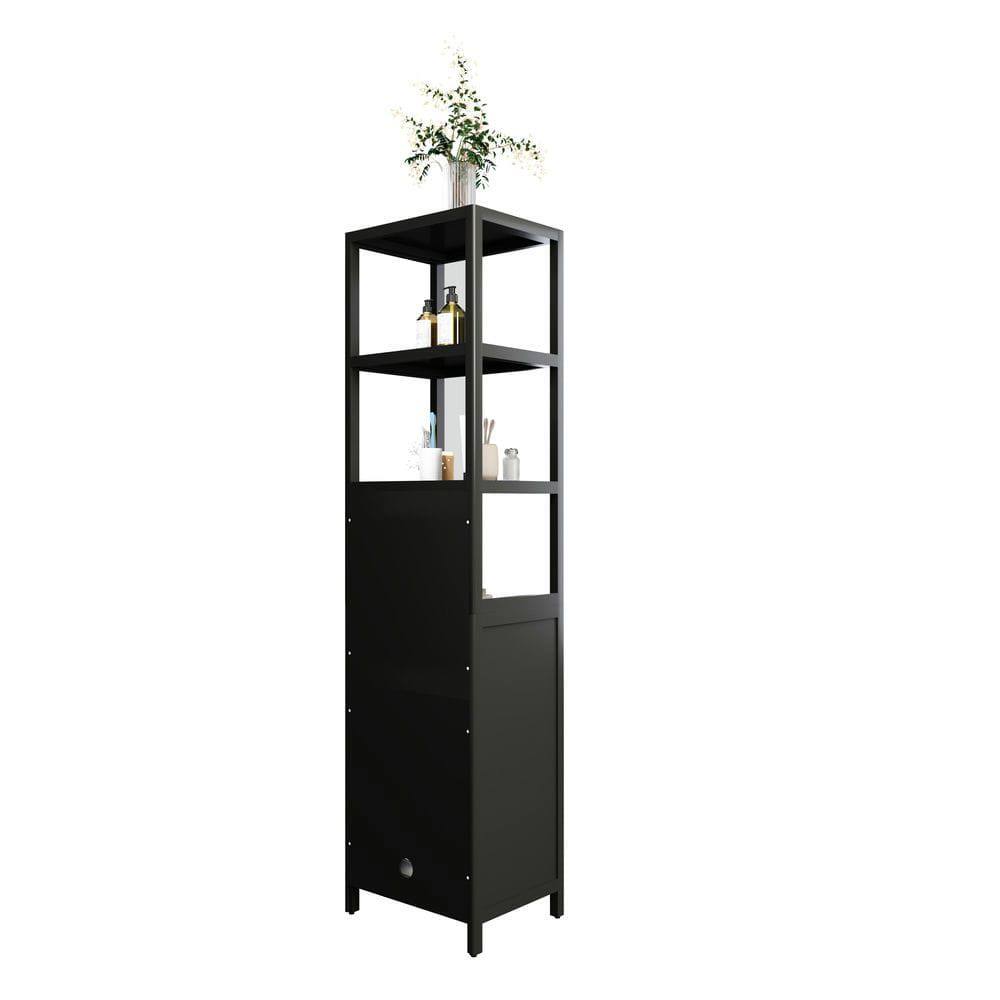 Alt View 2. Kadyn - BLACK  Storage Tall Slim Cabinet with Shutter Door and 3 Tier Shelves, Freestanding Linen Tower Cabinet, Natural Bamboo - Black.