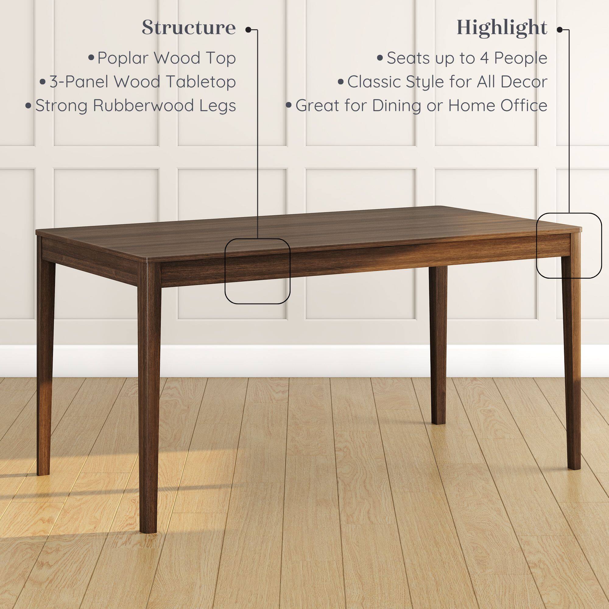 Structure:  
- Poplar Wood Top  
- 3-Panel Wood Tabletop  
- Strong Rubberwood Legs  

Highlight:  
- Seats up to 4 People  
- Classic Style for All Decor  
- Great for Dining or Home Office
