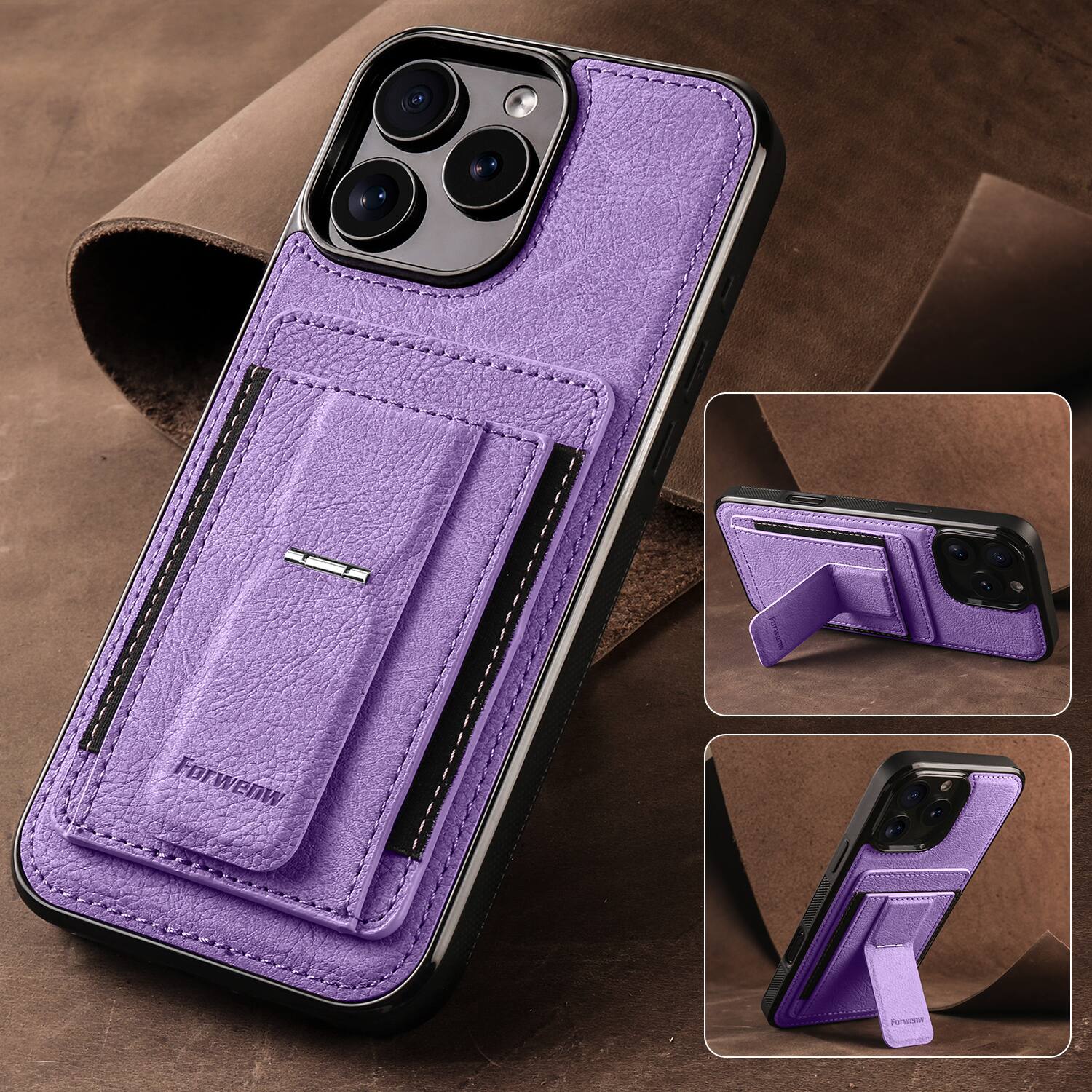 Alt View 3. Dteck - Slim Card Holder Case for Apple iPhone 16 Pro, Shockproof Wallet Protective Cover with Kickstand - Purple.