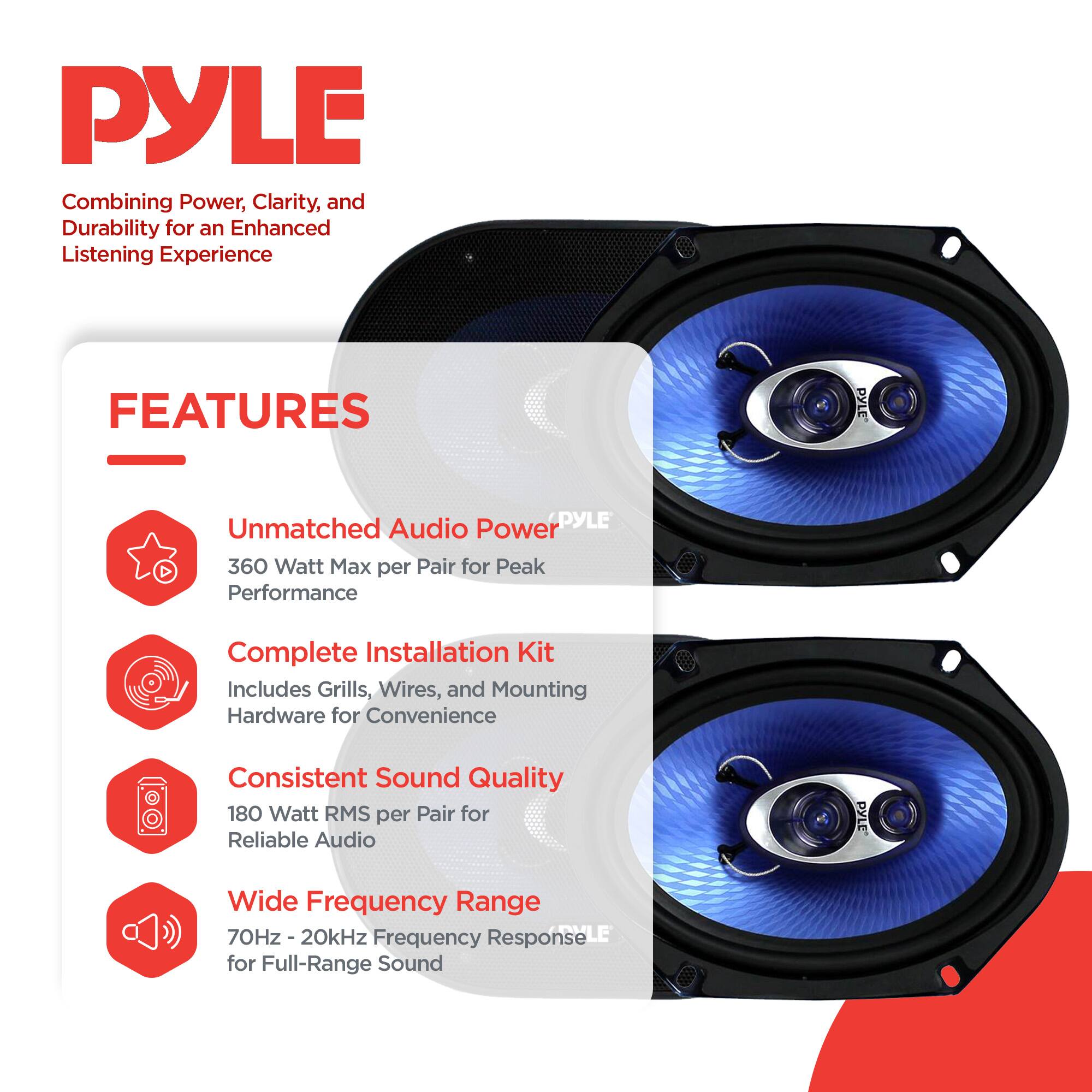 PYLE Combining Power, Clarity, and Durability for an Enhanced Listening Experience

FEATURES
- Unmatched Audio Power
  - 360 Watt Max per Pair for Peak Performance
- Complete Installation Kit
  - Includes Grills, Wires, and Mounting Hardware for Convenience
- Consistent Sound Quality
  - 180 Watt RMS per Pair for Reliable Audio
- Wide Frequency Range
  - 70Hz - 20kHz Frequency Response for Full-Range Sound