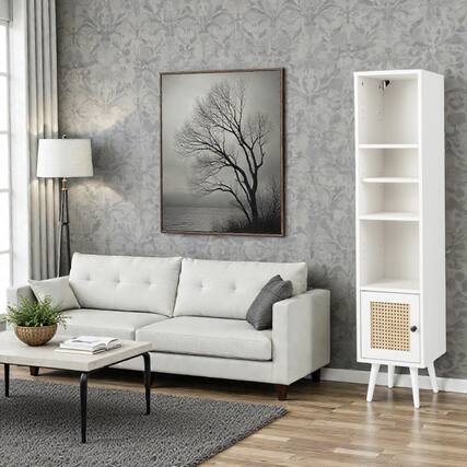 Front. Hivvago - Modern Slimline Storage Unit with 4 Rattan Front Compartments - White.