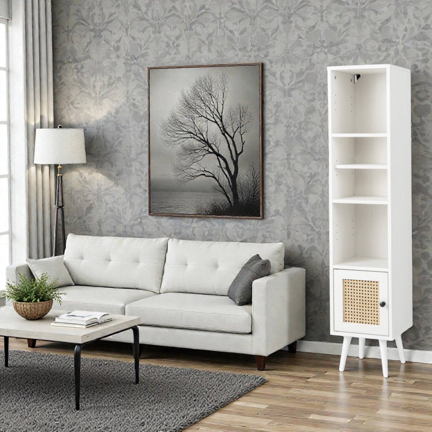 Front. Hivvago - Modern Slimline Storage Unit with 4 Rattan Front Compartments - White.