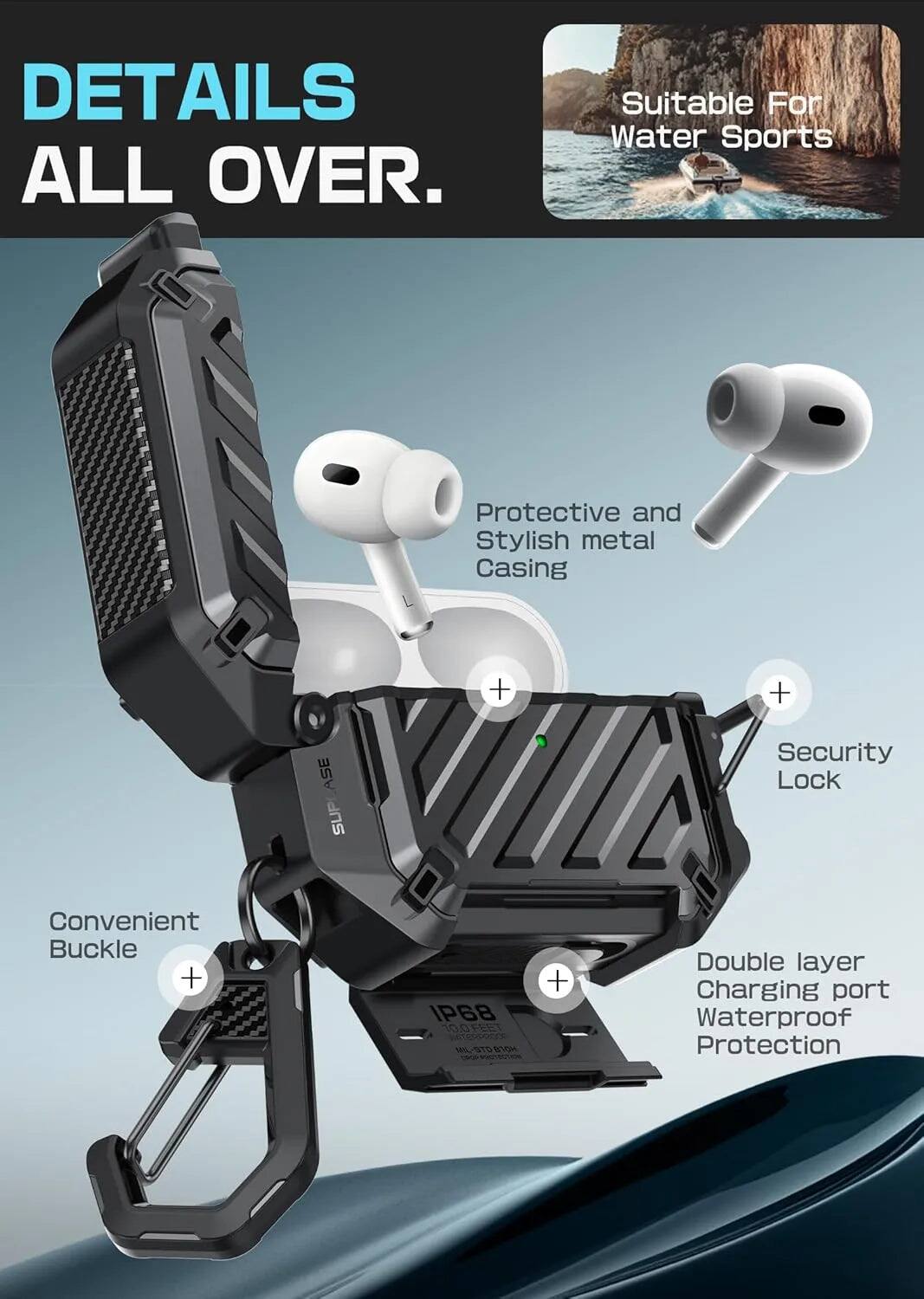 DETAILS ALL OVER.

- Suitable For Water Sports
- Protective and Stylish Metal Casing
- Security Lock
- Convenient Buckle
- Double Layer Charging Port
- Waterproof Protection (IP68)