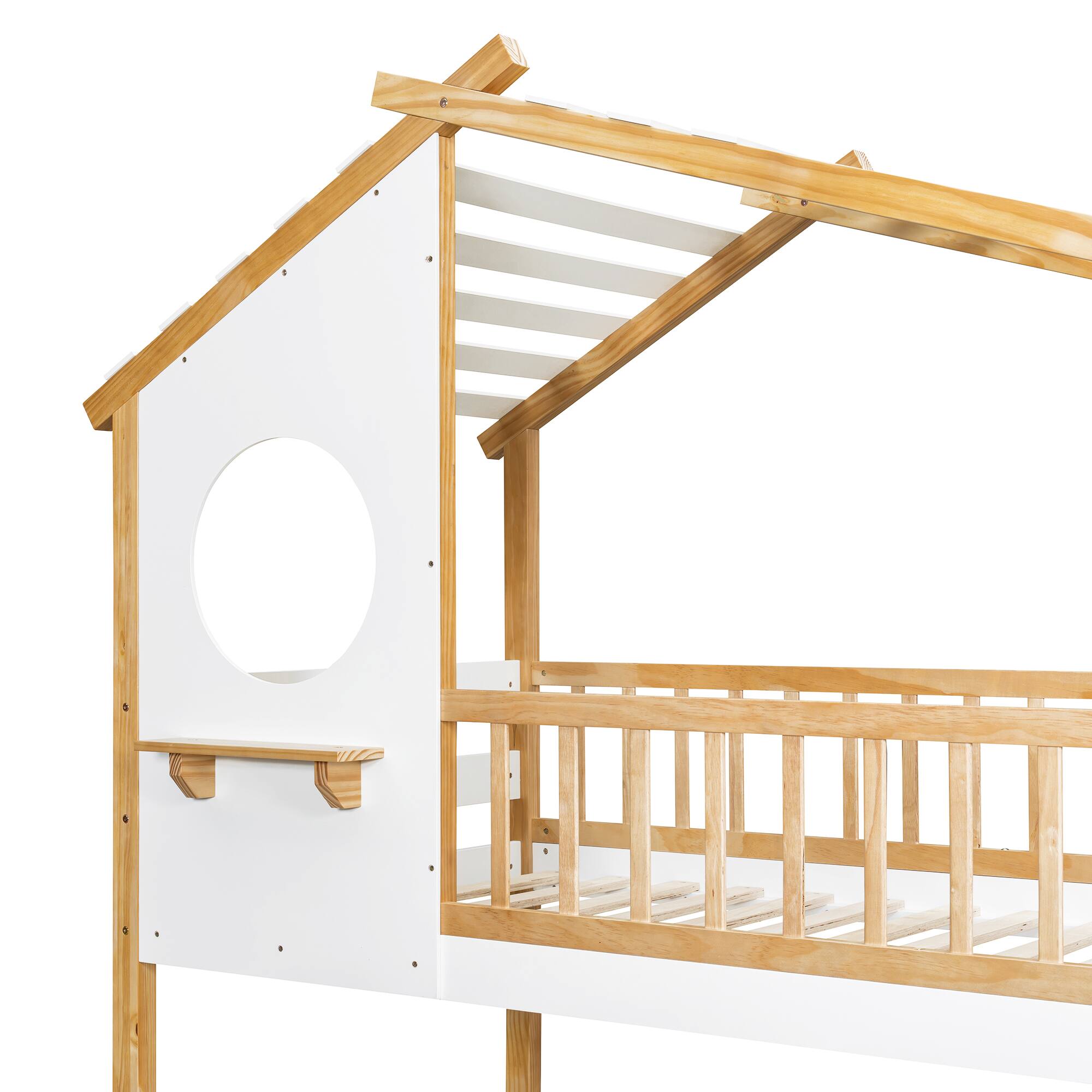 Alt View 3. Aukfa - Twin Over Twin Bunk Bed Wood Bed with Roof, Window, Ladder - White.