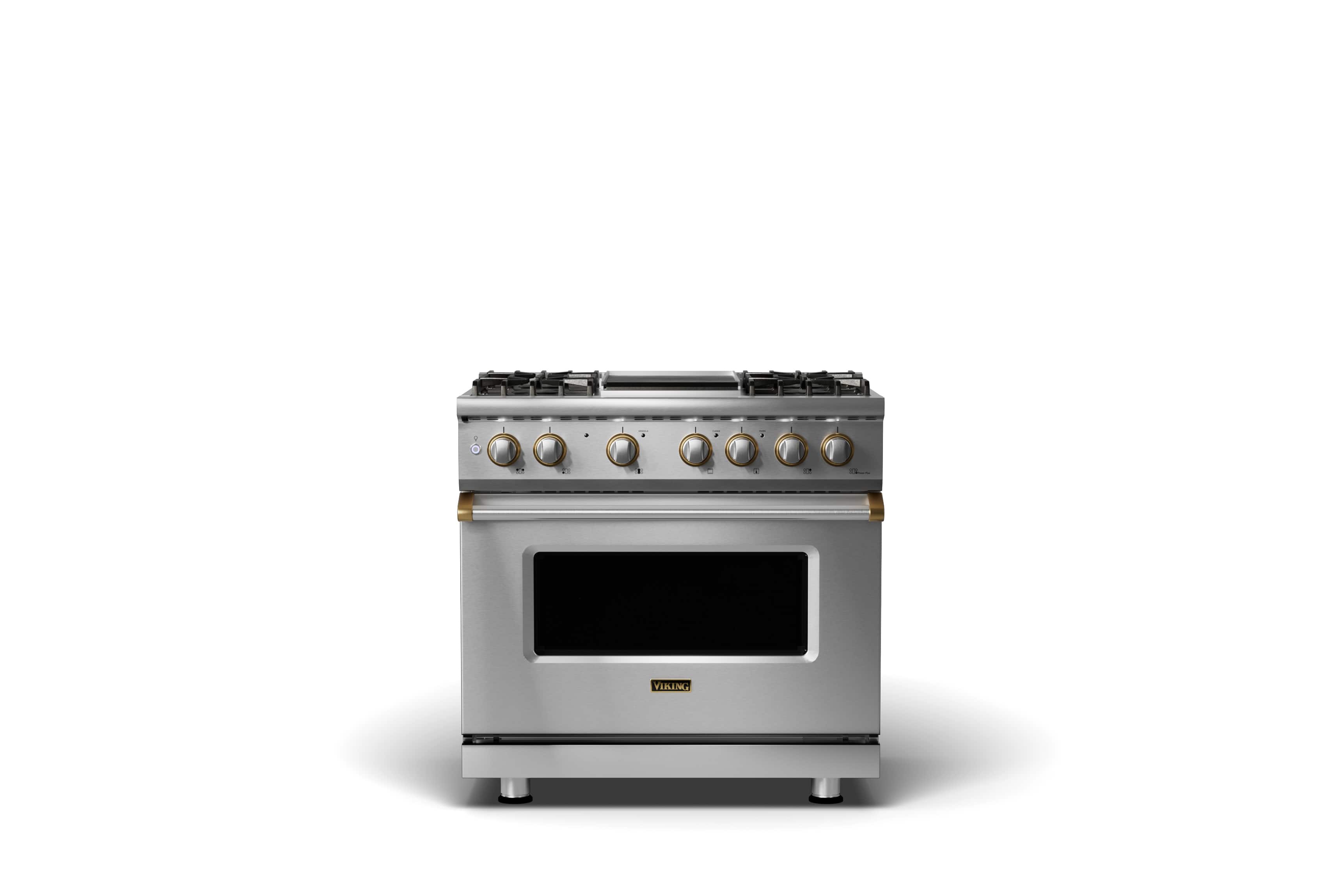 Viking - 5.1 Cu. Ft. 36"W Freestanding LP Gas Sealed 4 Burner Range with Griddle - Stainless Steel w. Brushed Brass - Stainless Steel - Front_Zoom