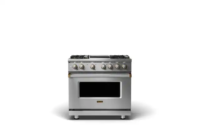 Front. Viking - 5.1 Cu. Ft. 36"W Freestanding LP Gas Sealed 4 Burner Range with Griddle - Stainless Steel w. Brushed Brass - Stainless steel.