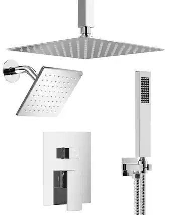 Front. GRANDJOY - Dual Shower System with 10" Ceiling Rain Head, Handheld Sprayer, and Pressure Balance Valve for Modern Bathroom - Chrome.
