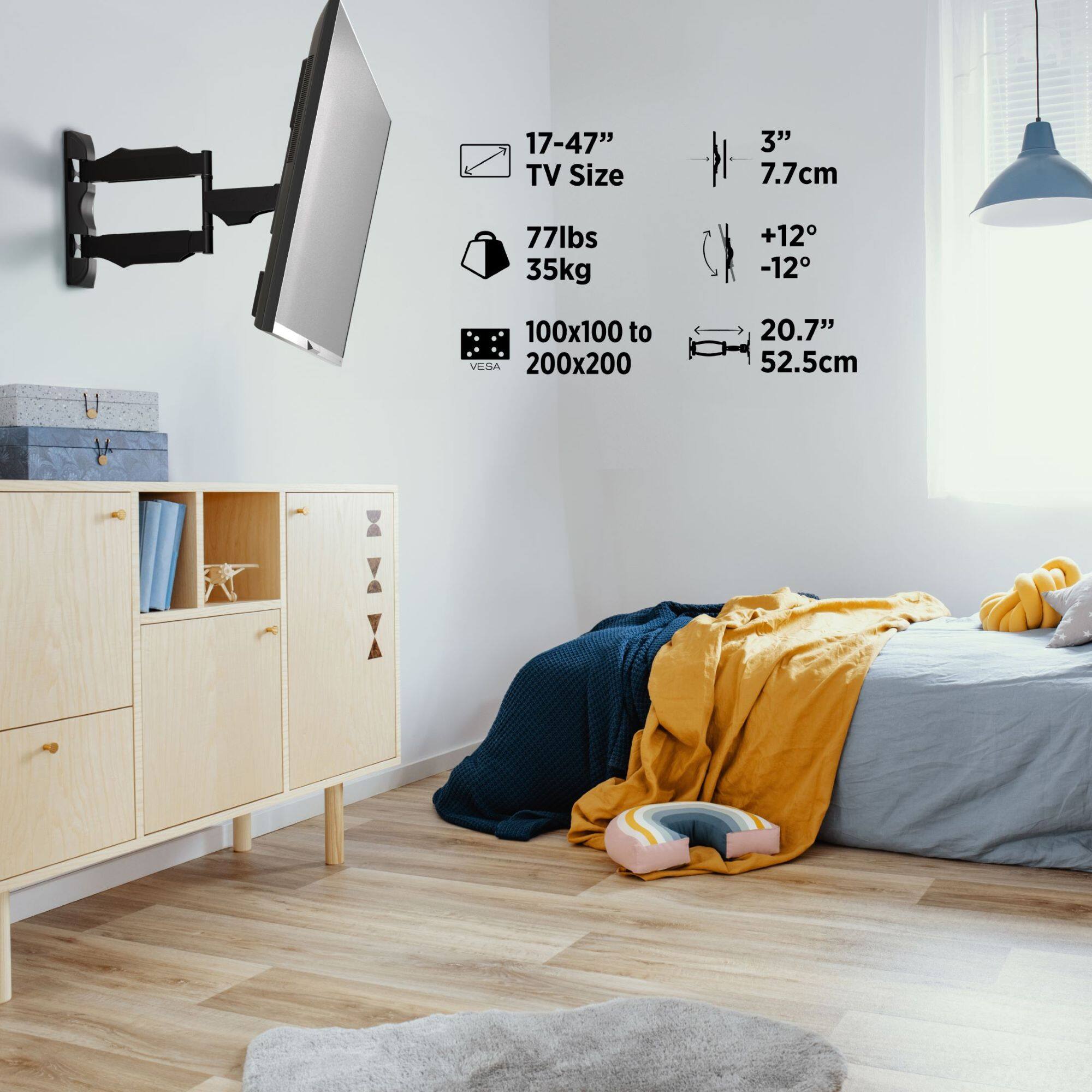 - TV Size: 17-47"
- Weight Capacity: 77lbs (35kg)
- VESA Mount Compatibility: 100x100 to 200x200
- Depth: 3" (7.7cm)
- Tilt Range: +12° to -12°
- Length: 20.7" (52.5cm)