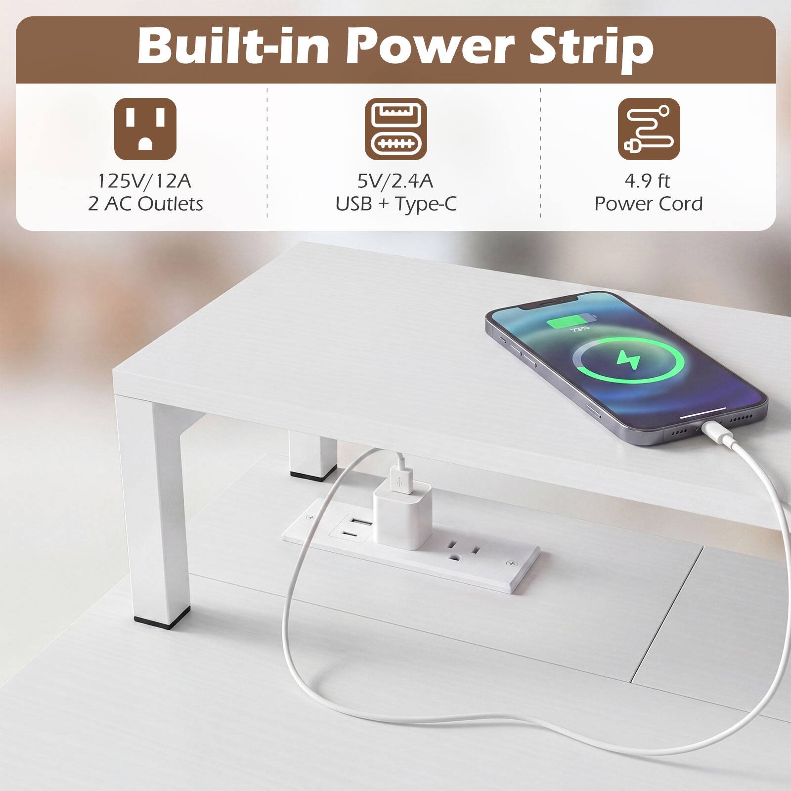 Built-in Power Strip

125V/12A 2 AC Outlets

5V/2.4A USB + Type-C

4.9 ft Power Cord