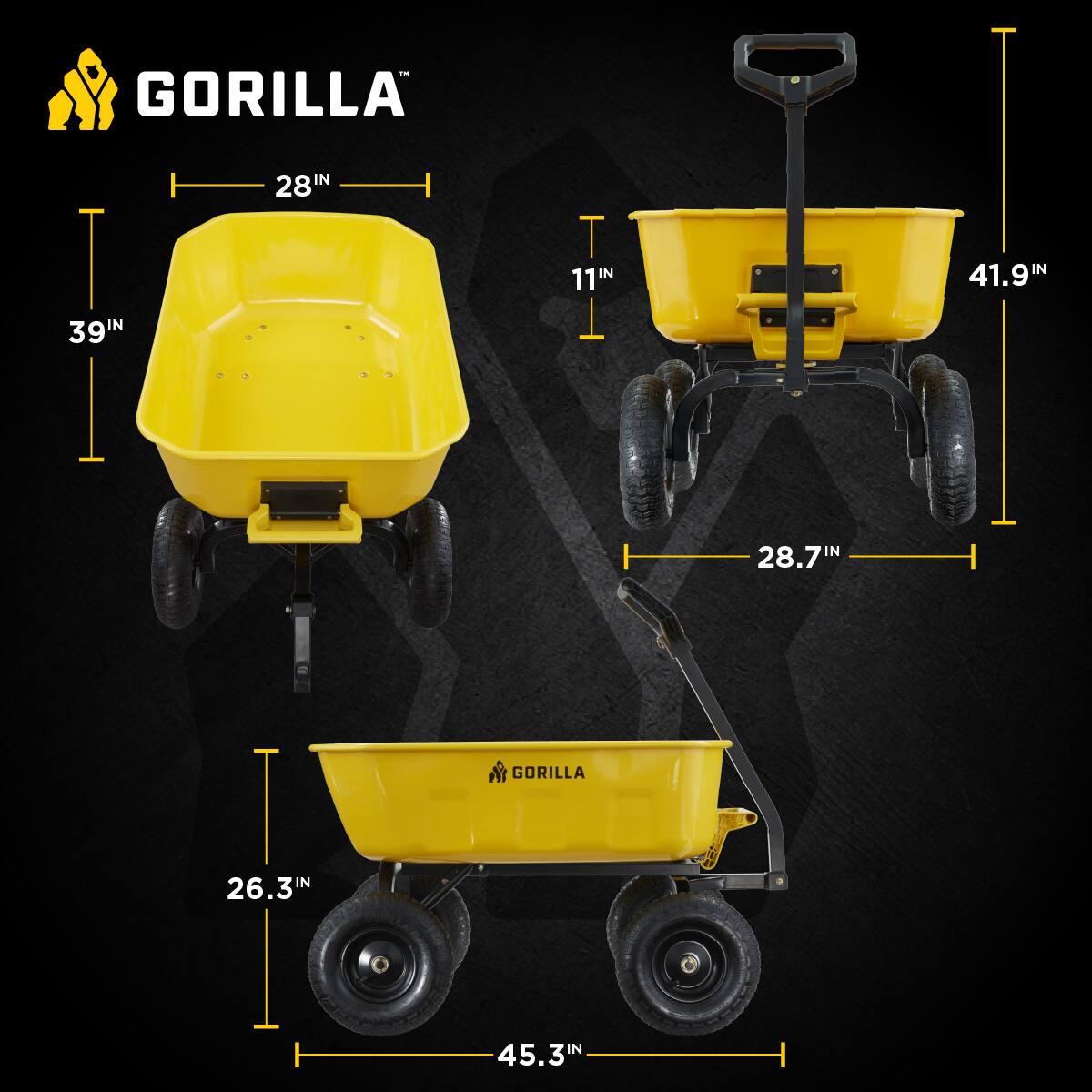 GORILLA  
39IN x 28IN x 11IN  
41.9IN x 28.7IN  
26.3IN x 45.3IN