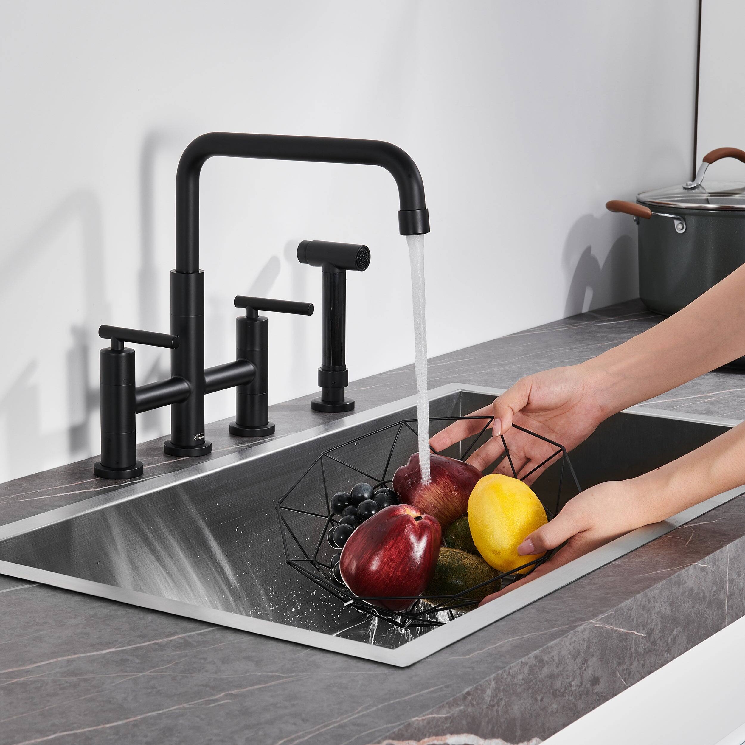 Alt View 4. Boyel Living - Double Handle 360 Degrees Rotation Bridge Kitchen Faucet with Pull-Out Side Sprayer and Ceramic Cartridge - Matte Black.