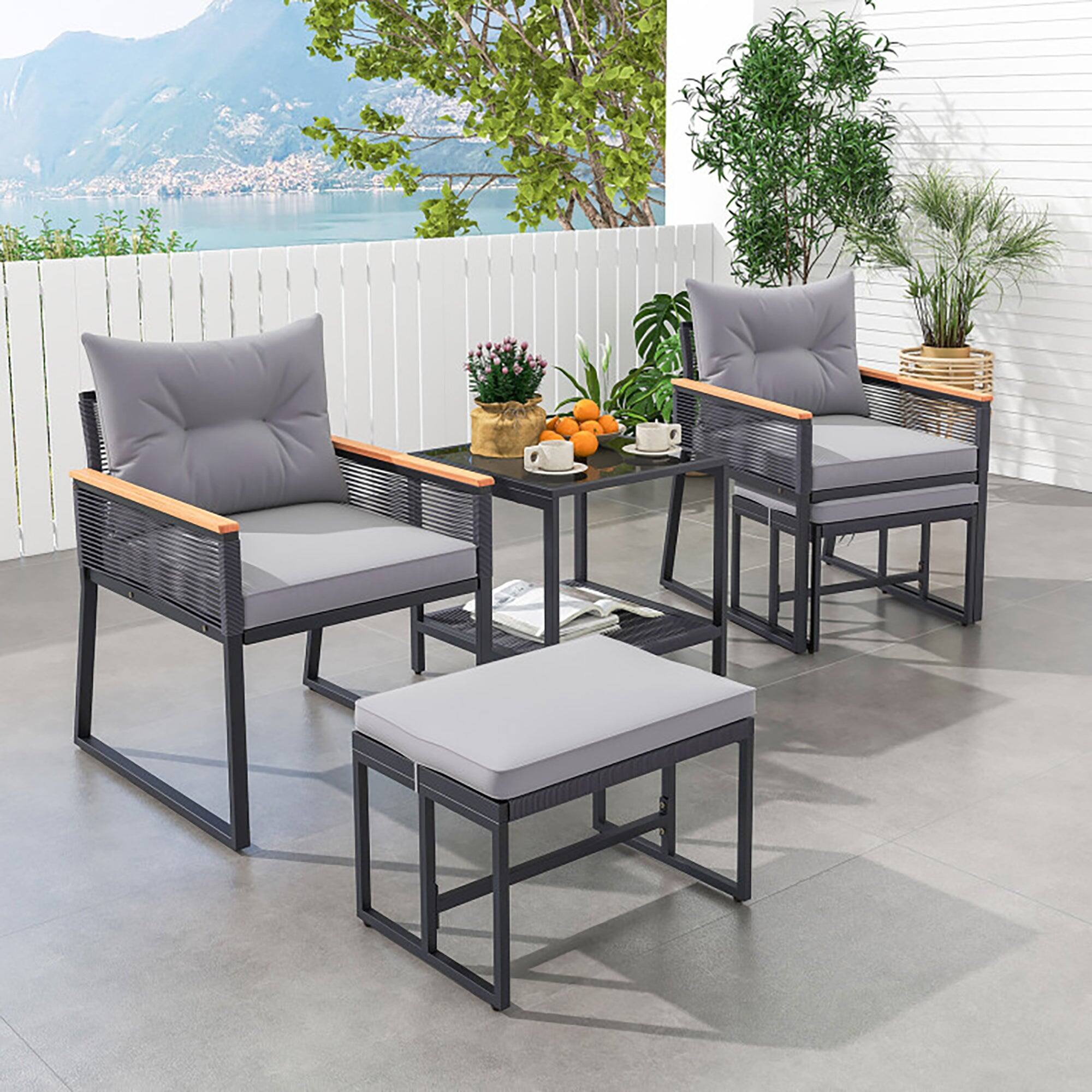 Alt View 8. Boyel Living - 5 Piece Outdoor Rattan Conversation Set with 2-Layer Side Table and 2 Ottomans - Gray.