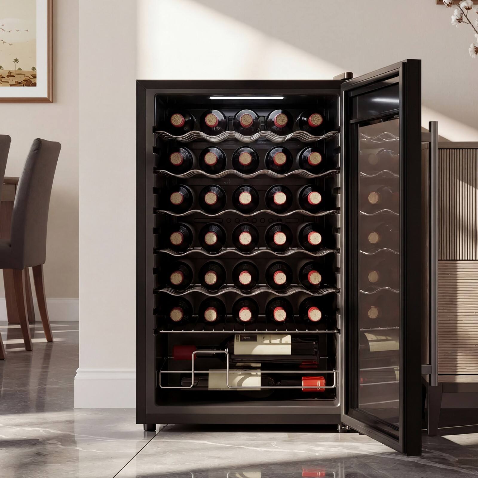 Angle. Famapy - 34 Bottle Compressor Wine Cooler - Stainless Steel Freestanding Wine Fridge with Temperature Control for Home Bar - Black.