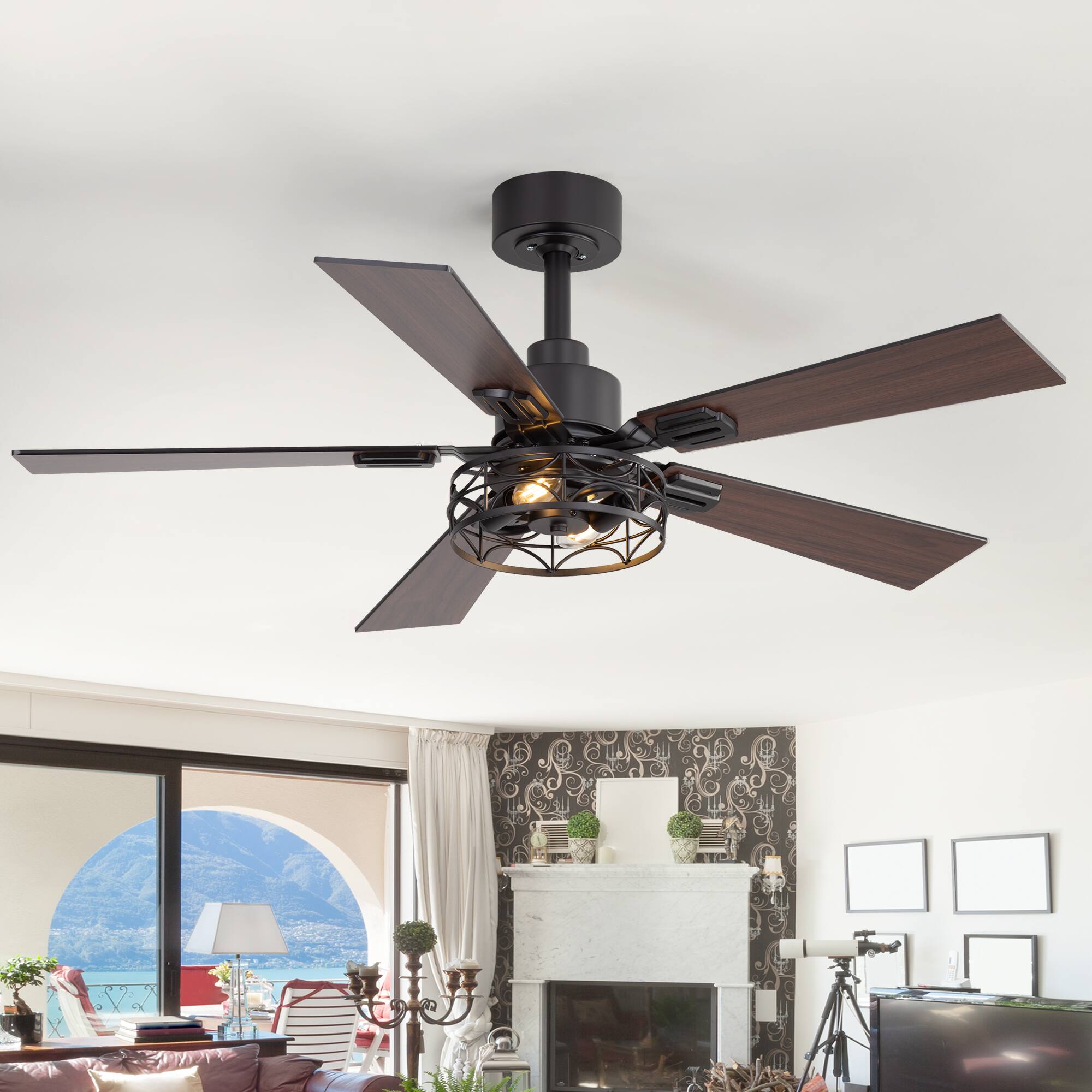 Left. Breezary - 42-In Indoor Ceiling Fan with Light Kit, 5 Plywood Blades, 6-Speed DC Motor and Remote, Timer, Memory Function(1/2 Pack) - Matte Black (1 Pack).