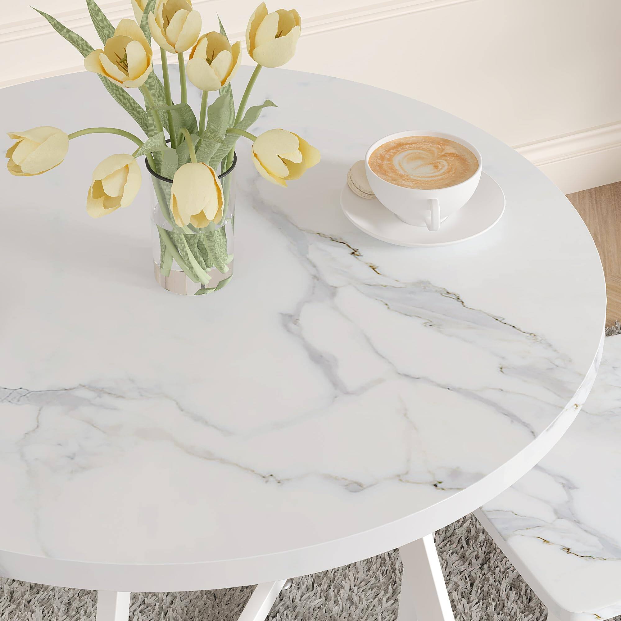 Back. MAGICAL RUBS - Round Dining Room Table With Wood Grain Tabletop And Steel Frame  For Kitchen Living Office Conference 2 To 4 - Faux Marbled & White 31.5" Round Dining Table.