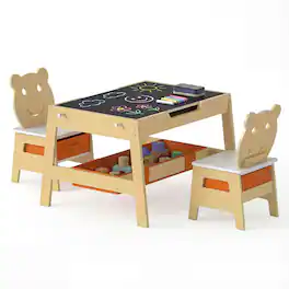 Costway - 5-in-1 Kids' Table & Chair Set with Chalkboard, Whiteboard, 3 Storage Bins, 4 Hooks - Natural + White + Orange