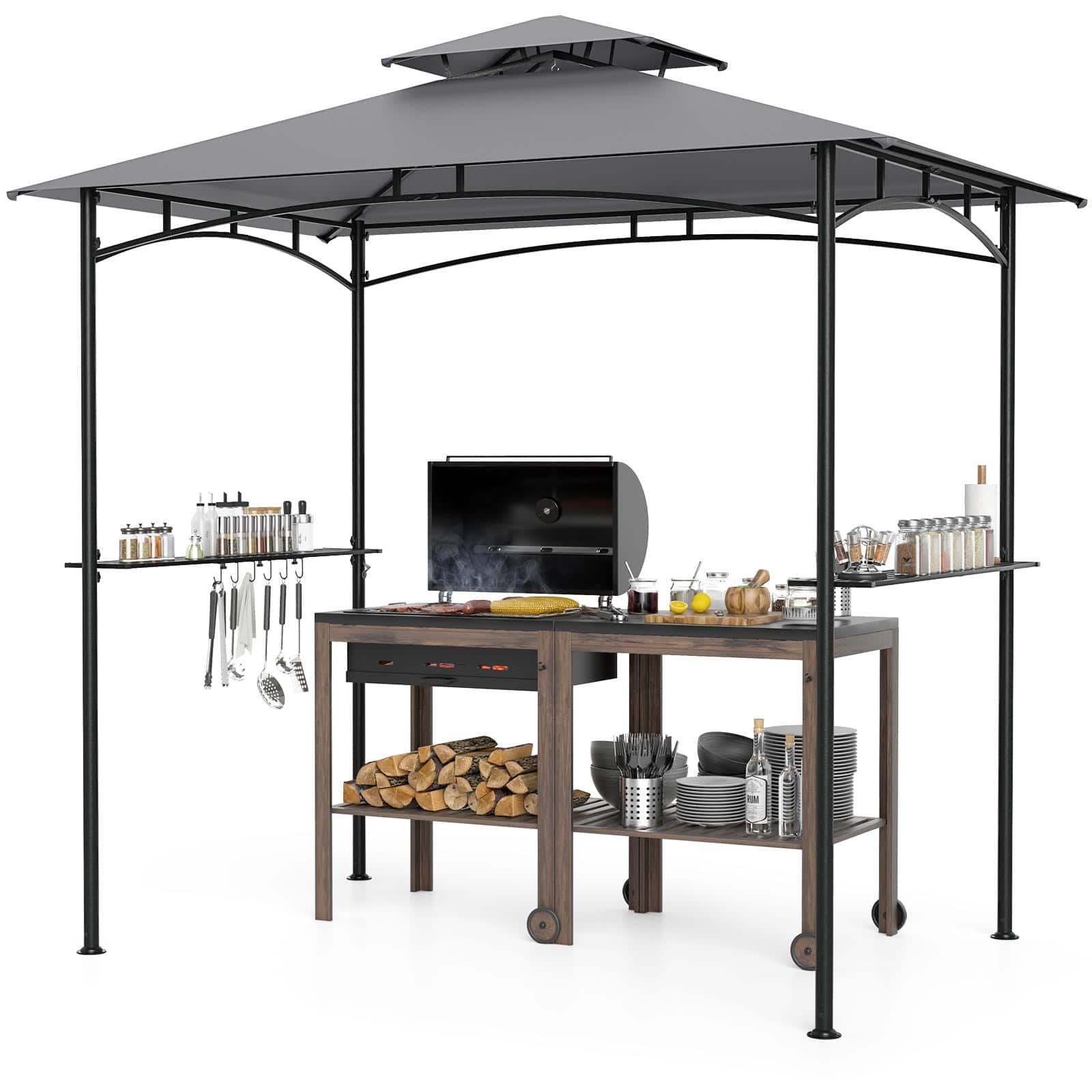 Front. Gymax - Gymax 8' x 5' Grill Gazebo Outdoor Double-Tiered Grill Canopy w/ 2 Shelves & 6 Hooks - Grey, Black.