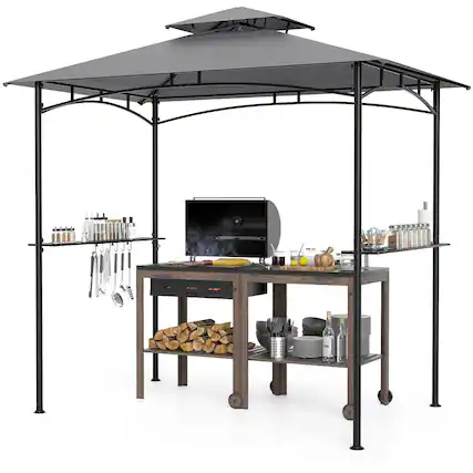 Front. Gymax - Gymax 8' x 5' Grill Gazebo Outdoor Double-Tiered Grill Canopy w/ 2 Shelves & 6 Hooks - Grey, Black.