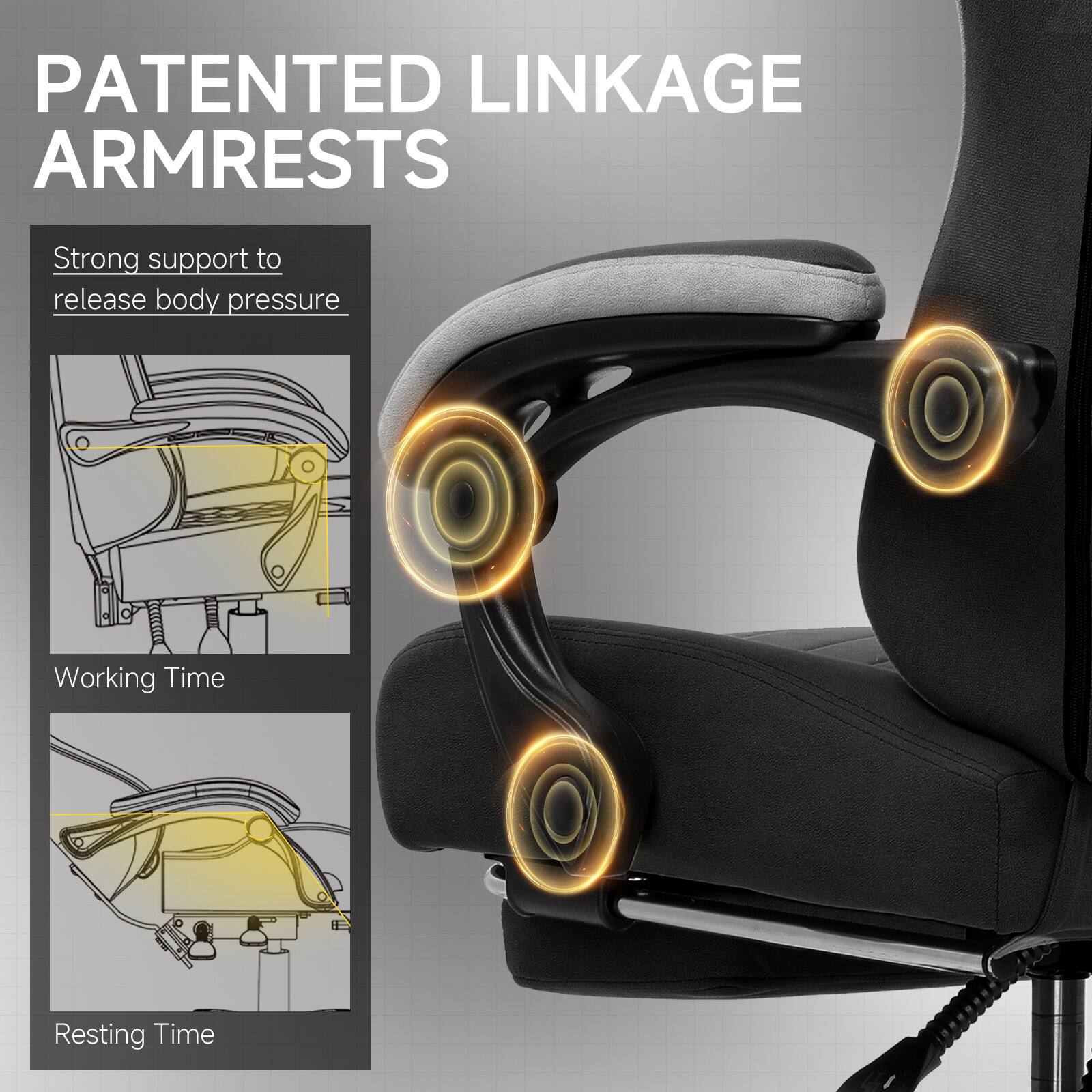 PATENTED LINKAGE ARMRESTS

Strong support to release body pressure

Working Time

Resting Time
