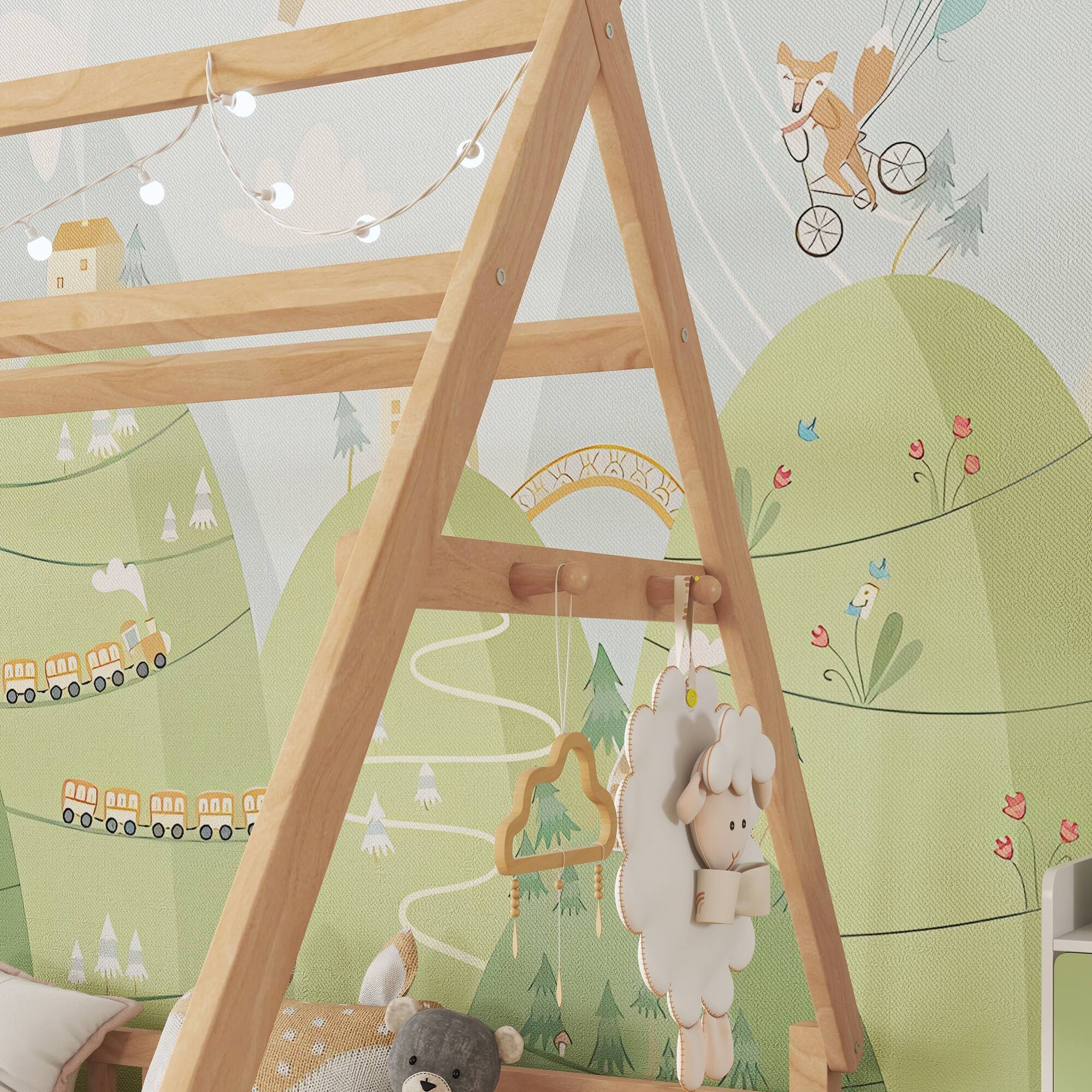 Alt View 2. GOODSILO - Full Size Low Profile House Frame Bed with Detachable Roof and LED Light Kit for Children's Bedroom - Natural.