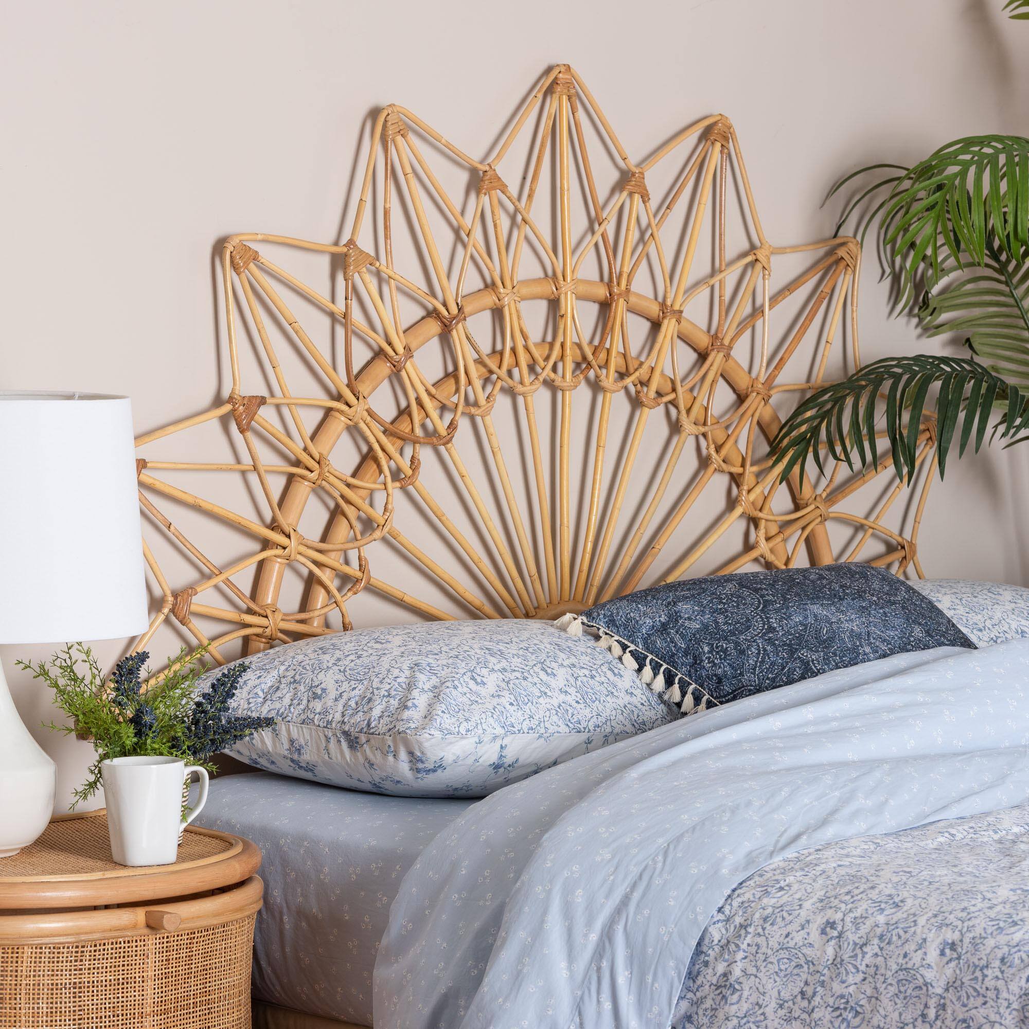 Alt View 1. bali & pari - Solara Natural Rattan Headboard - Handwoven Wicker Wall-Mount Headboard in Sunburst Shape, Coastal Boho Bedroom, Queen - Natural Brown.
