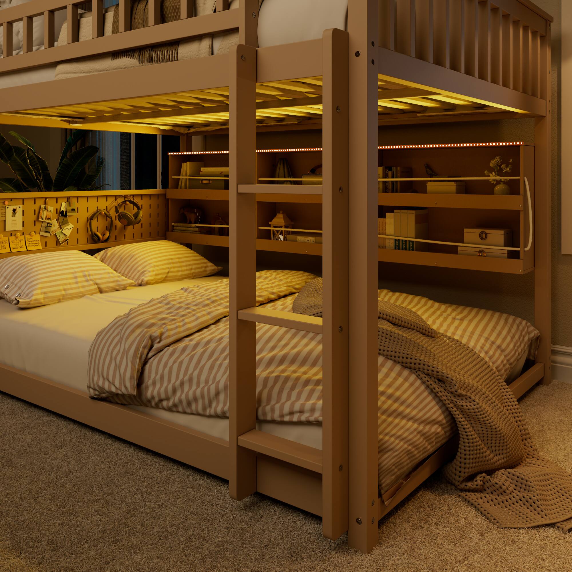 Alt View 8. Anysun - Full over Full Bunk Bed with Integrated Shelving, Color-Changing Lights and Pegboard - Beige.