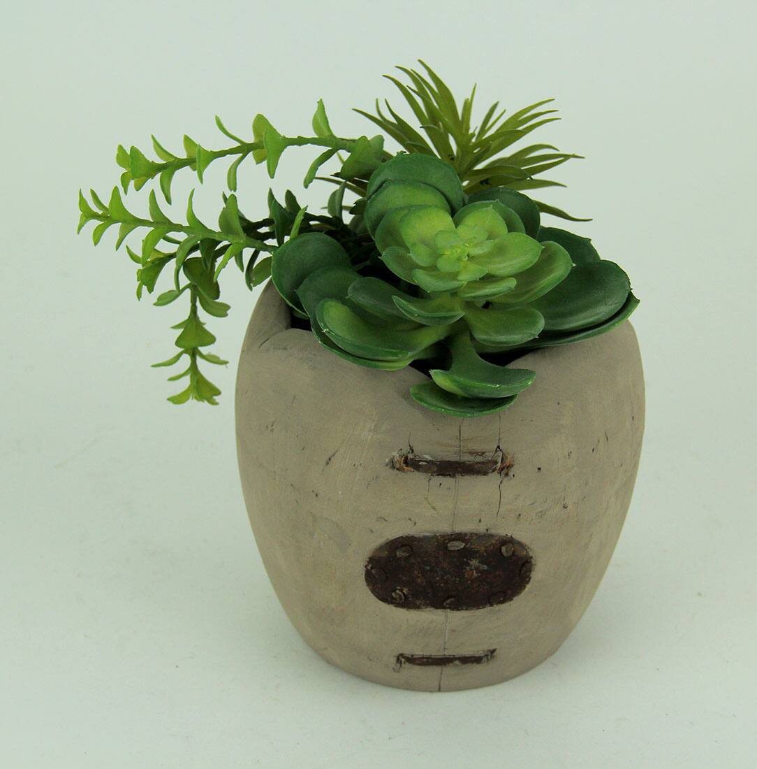 Alt View 2. Zeckos - Artificial Succulents in Rustic Apple Shaped Wood Planter - Grey.